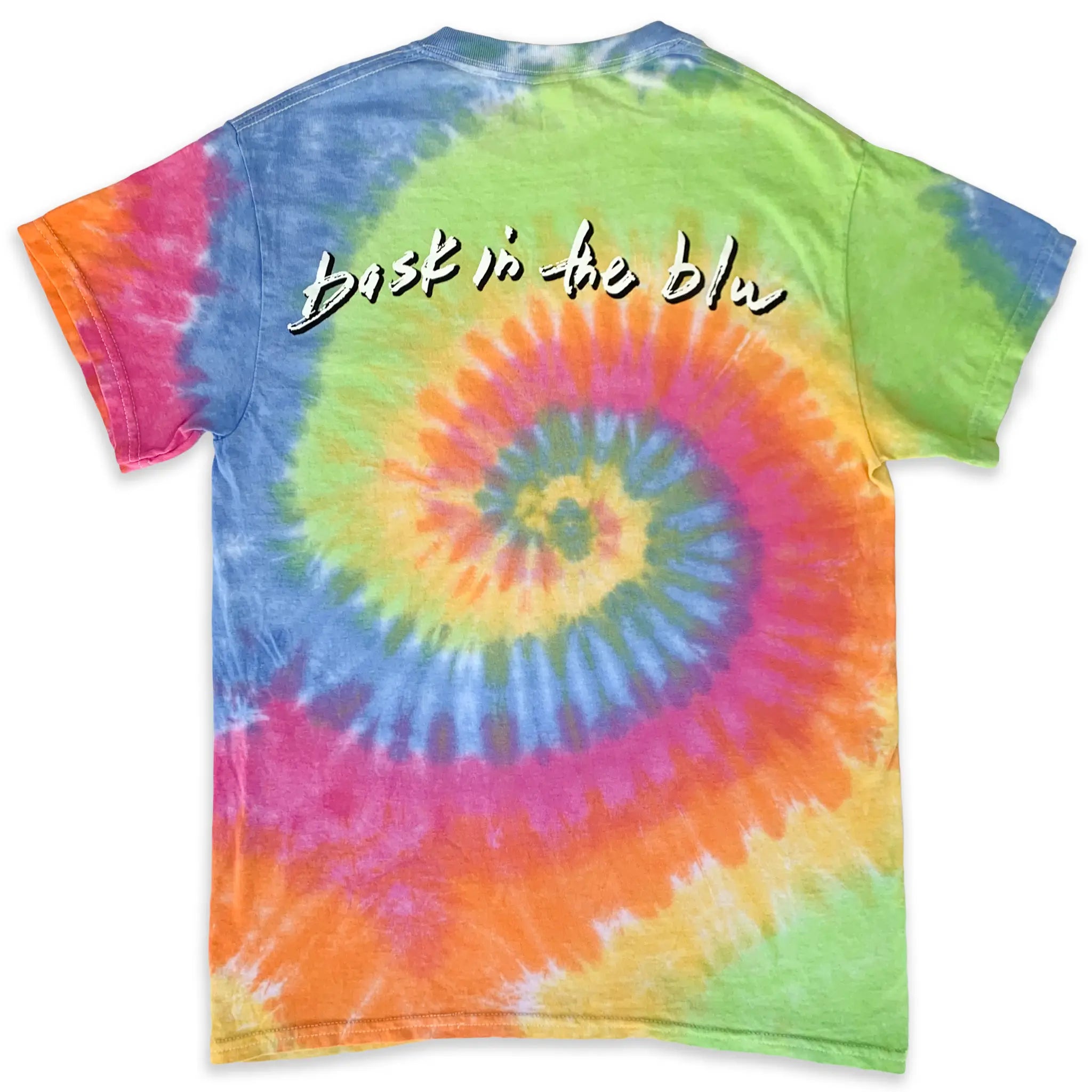 Tie-dye t-shirt with a pink, green, yellow, orange and light blue spiral pattern and 'bask in the blu' written on the back