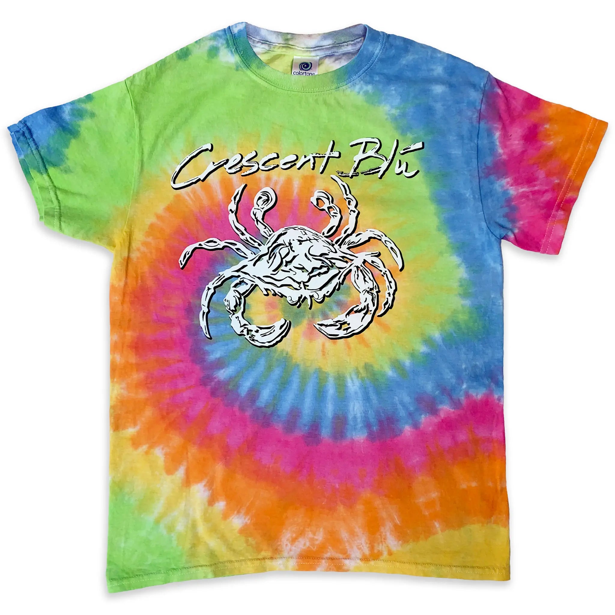 A pastel spiral tie-dye t-shirt with a white crab and 'Crescent Blu' on the front