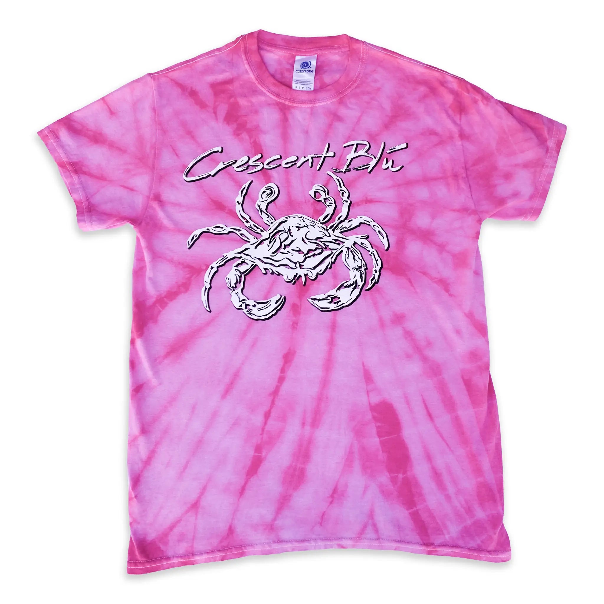 Pink spider tie-dye t-shirt with a white crab graphic and 'Crescent Blu' text on a white background
