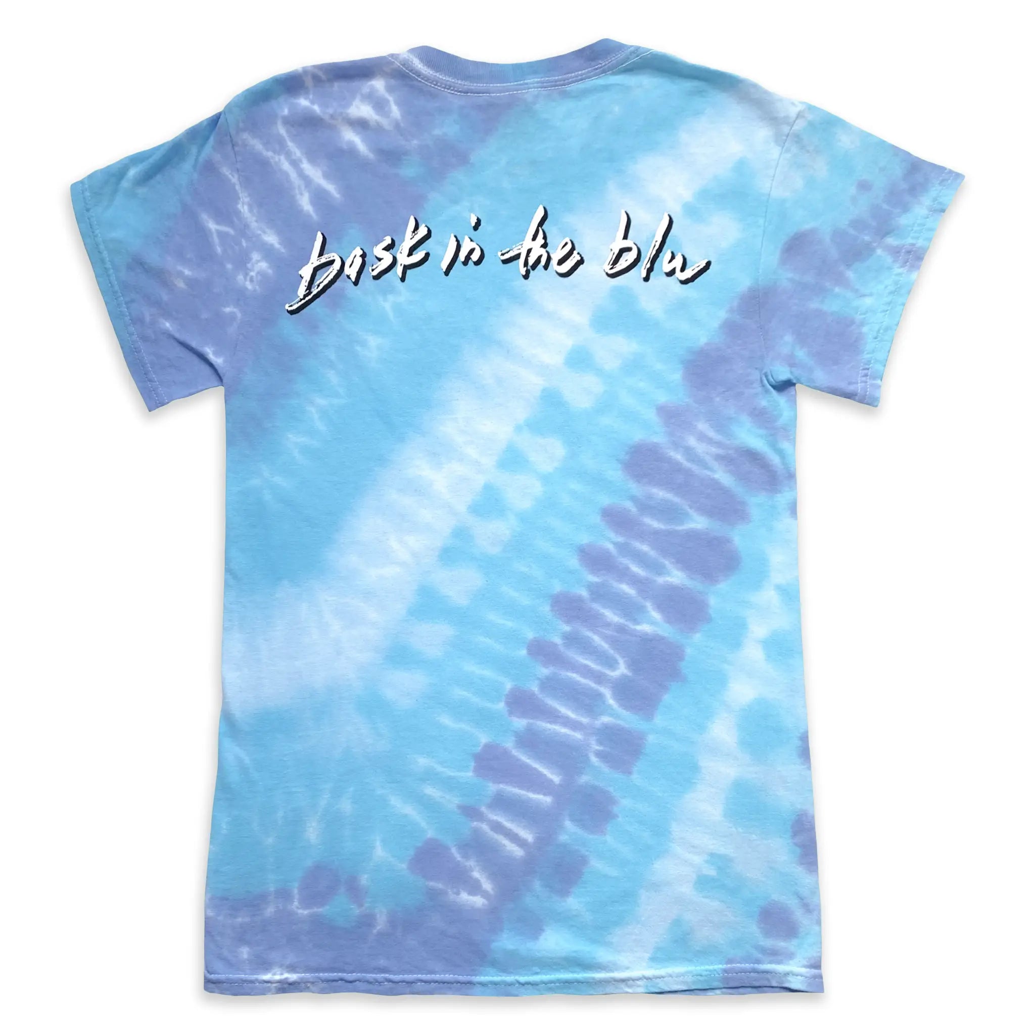 Tie-dye t-shirt in a tilt pattern in shades of blue with 'Bask in the blu' text on the back.
