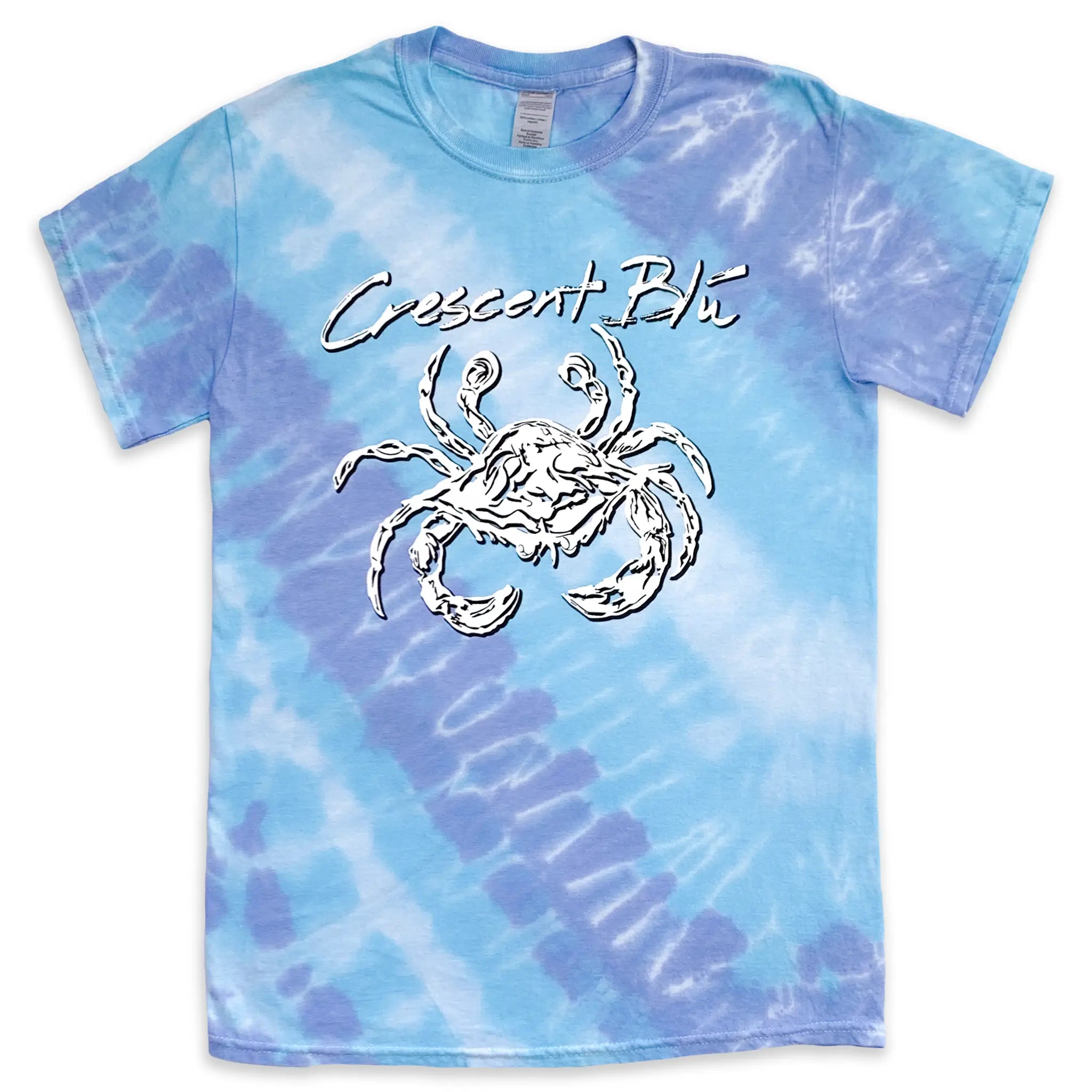 A tilt tie-dye t-shirt with a crab graphic and 'Crescent Blue' text on a white background