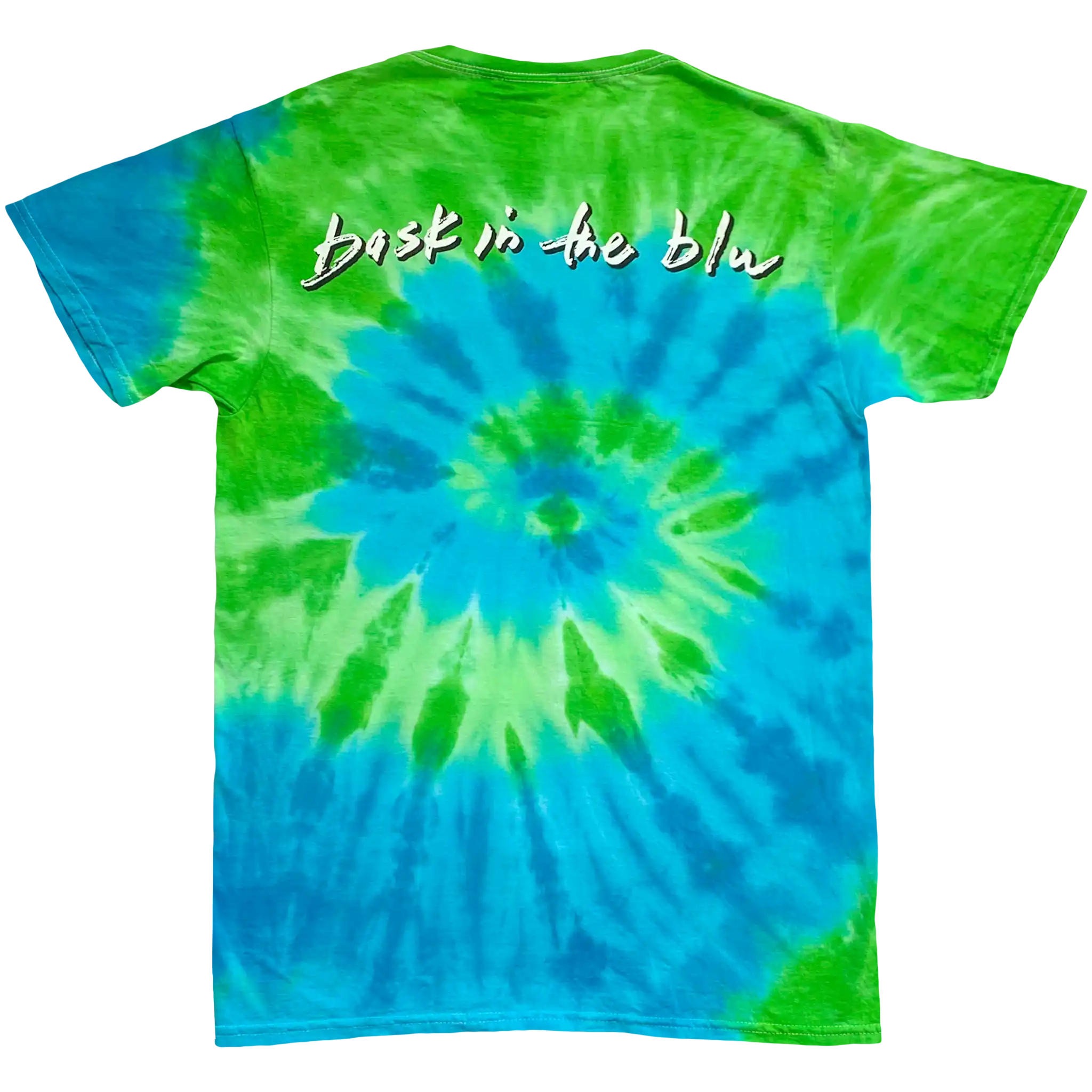 Short sleeve tie-dye t-shirt with blue and green spiral pattern and text on a white background