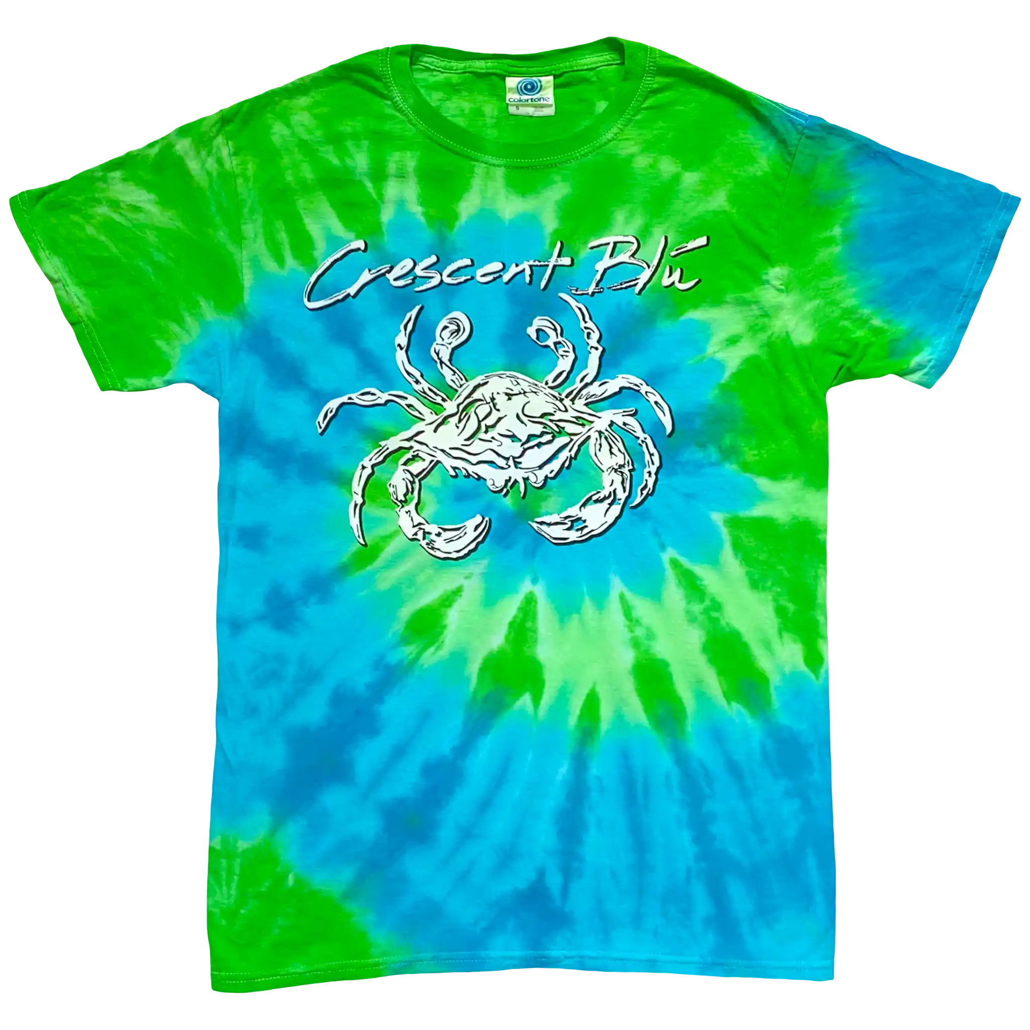 The front of a bright green and teal blue tie-dye shirt with a white Crescent Bl Voodoo Crab on the front. 