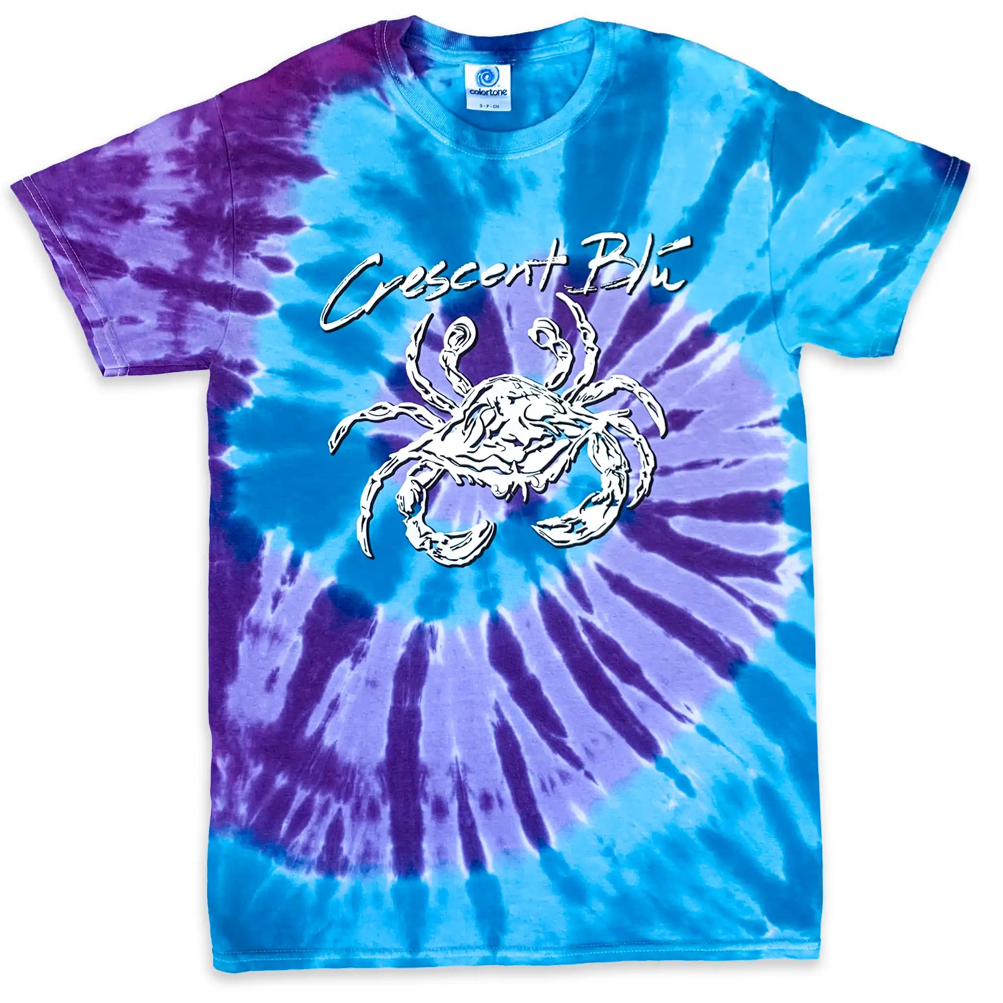 A spiral purple and blue tie-dye short sleeve t-shirt with Crescent Blu crab graphic on the front