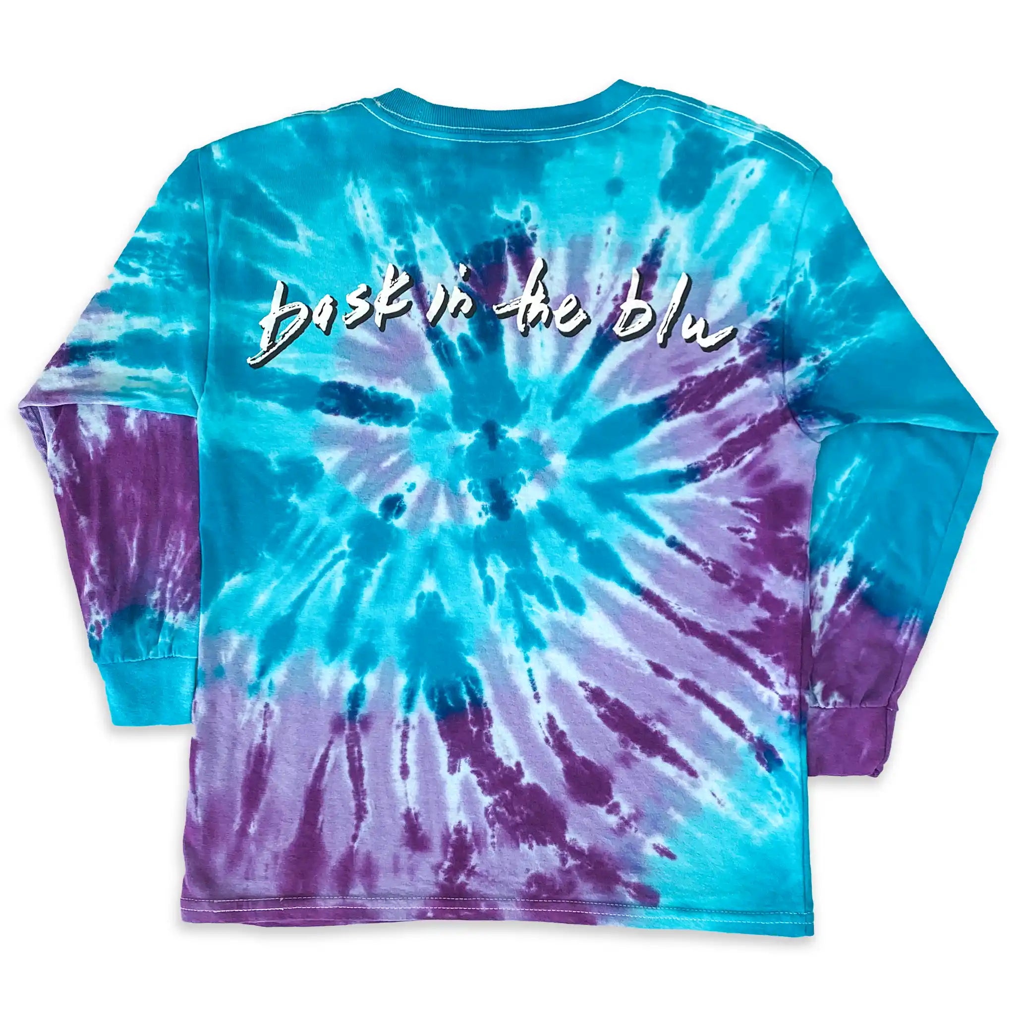 Tie-dye long-sleeve shirt with blue and purple swirl pattern and text on a white background