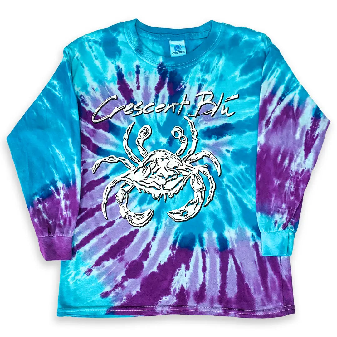 Purple and blue tie-dye long-sleeve shirt with a white crab and 'Crescent Blu' on the front