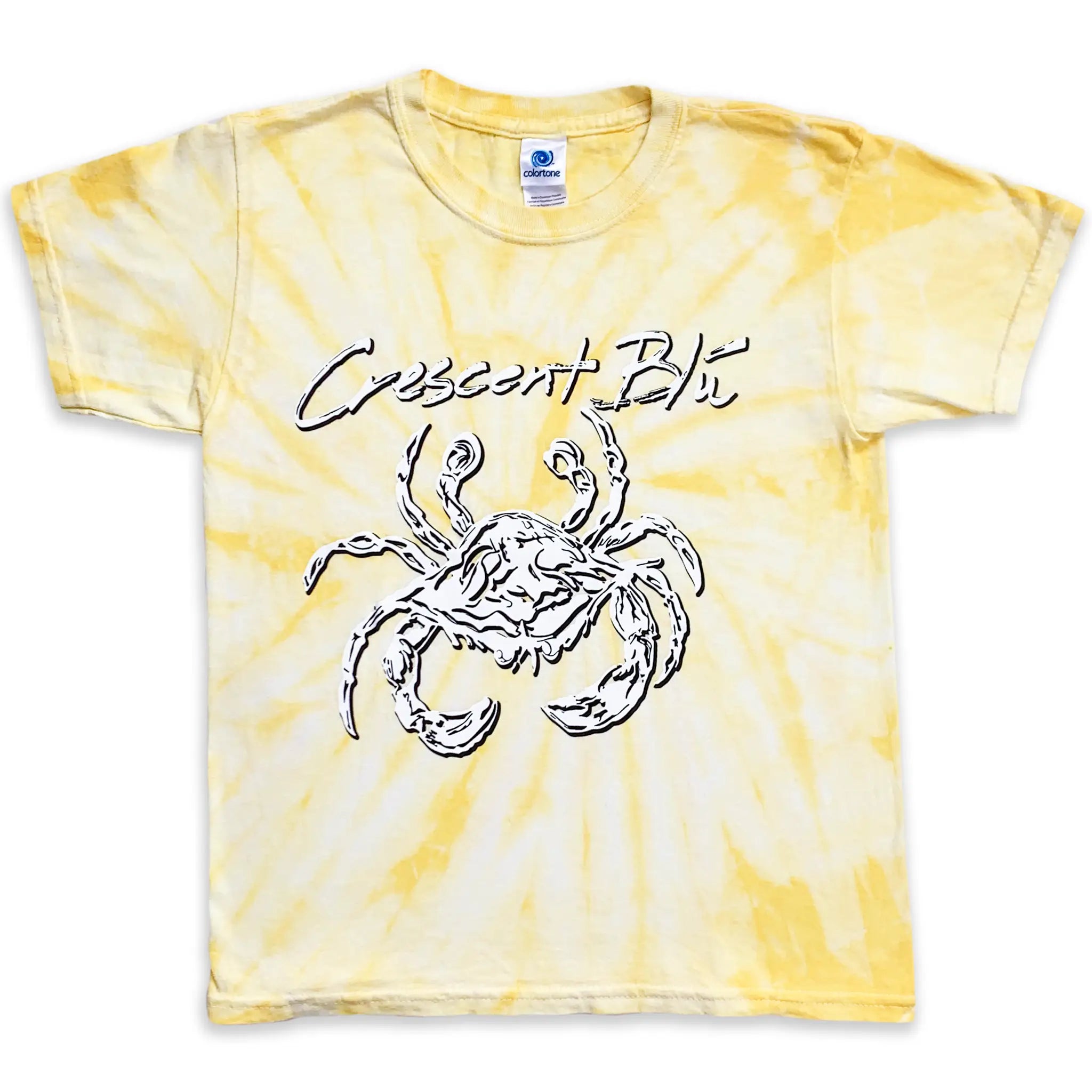The front of a yellow tie-dye t-shirt with Crescent Blu written above the graphic of a white crab