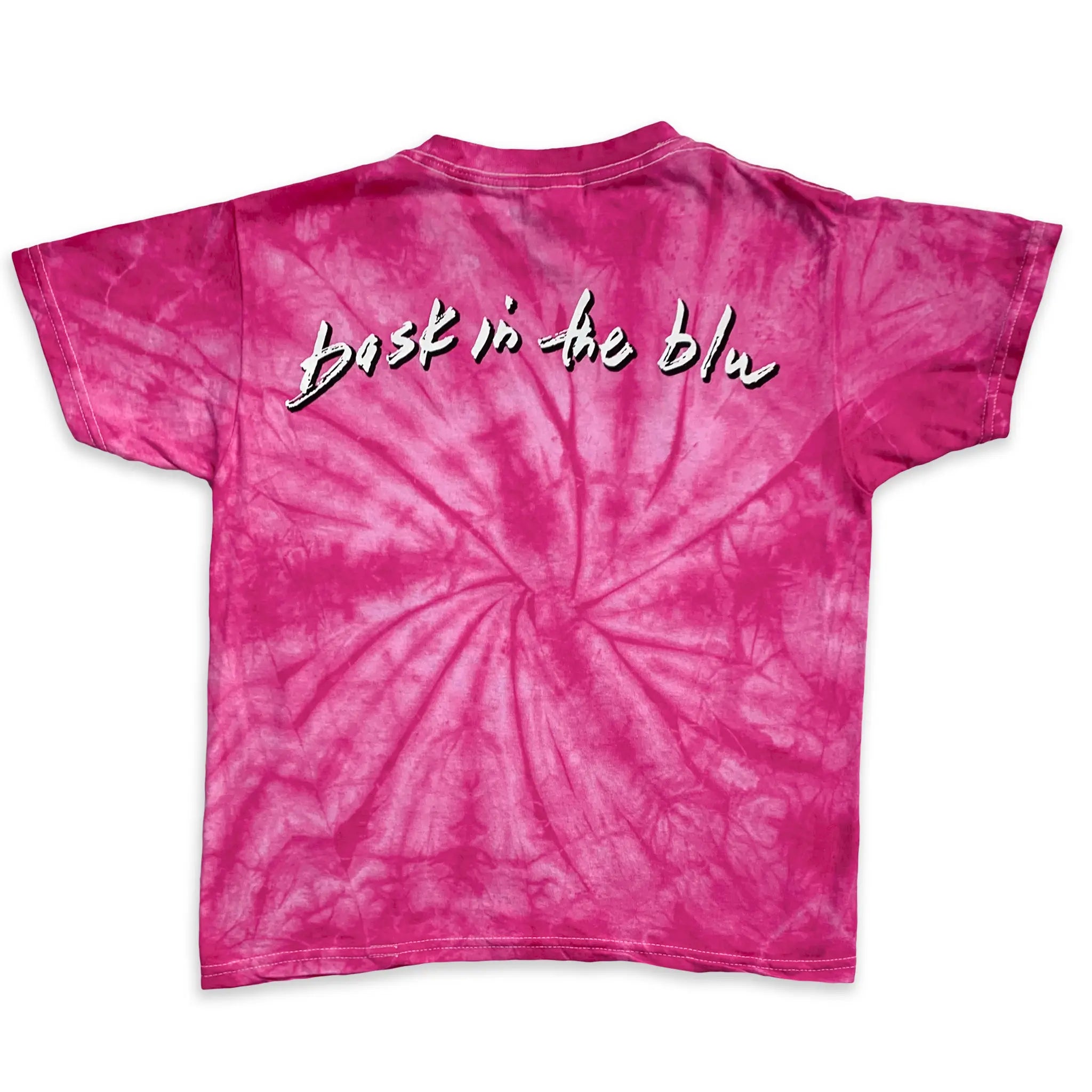 Pink spider short sleeve tie-dye t-shirt with 'Bask in the Blu' the back