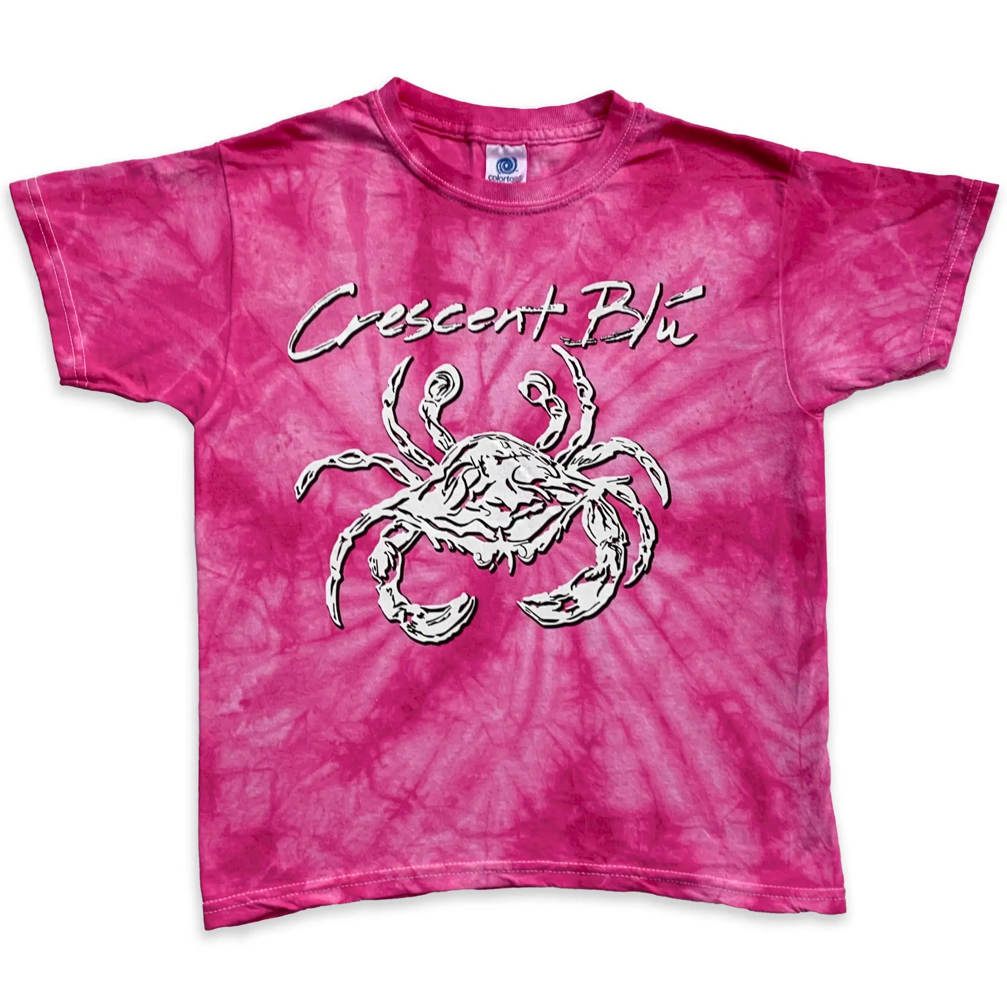 Kids short sleeve pink tie-dye t-shirt with a white crab graphic and 'Crescent Blu' text