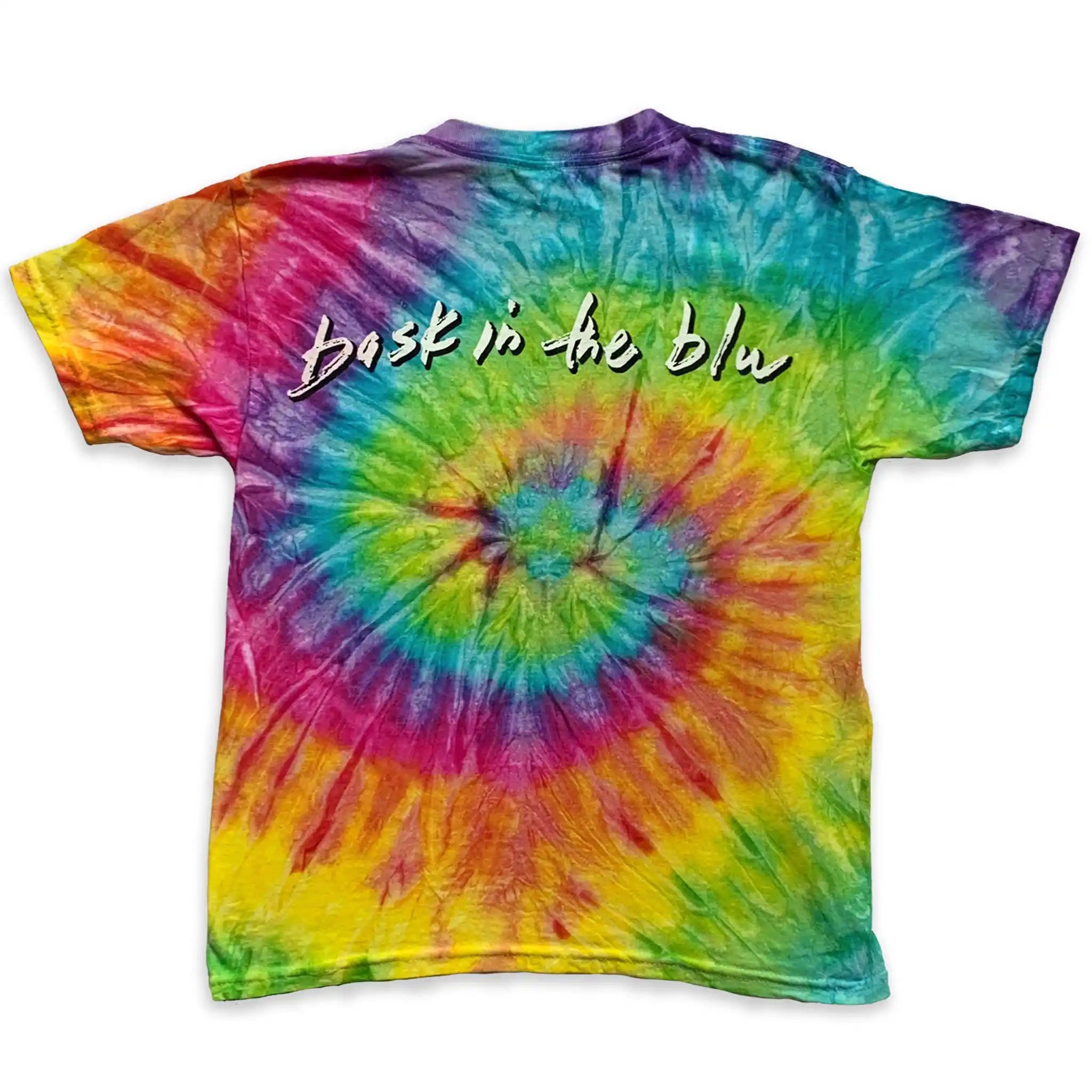 Spiral rainbow color tie-dye t-shirt with 'Bask in the blue' in white on the back