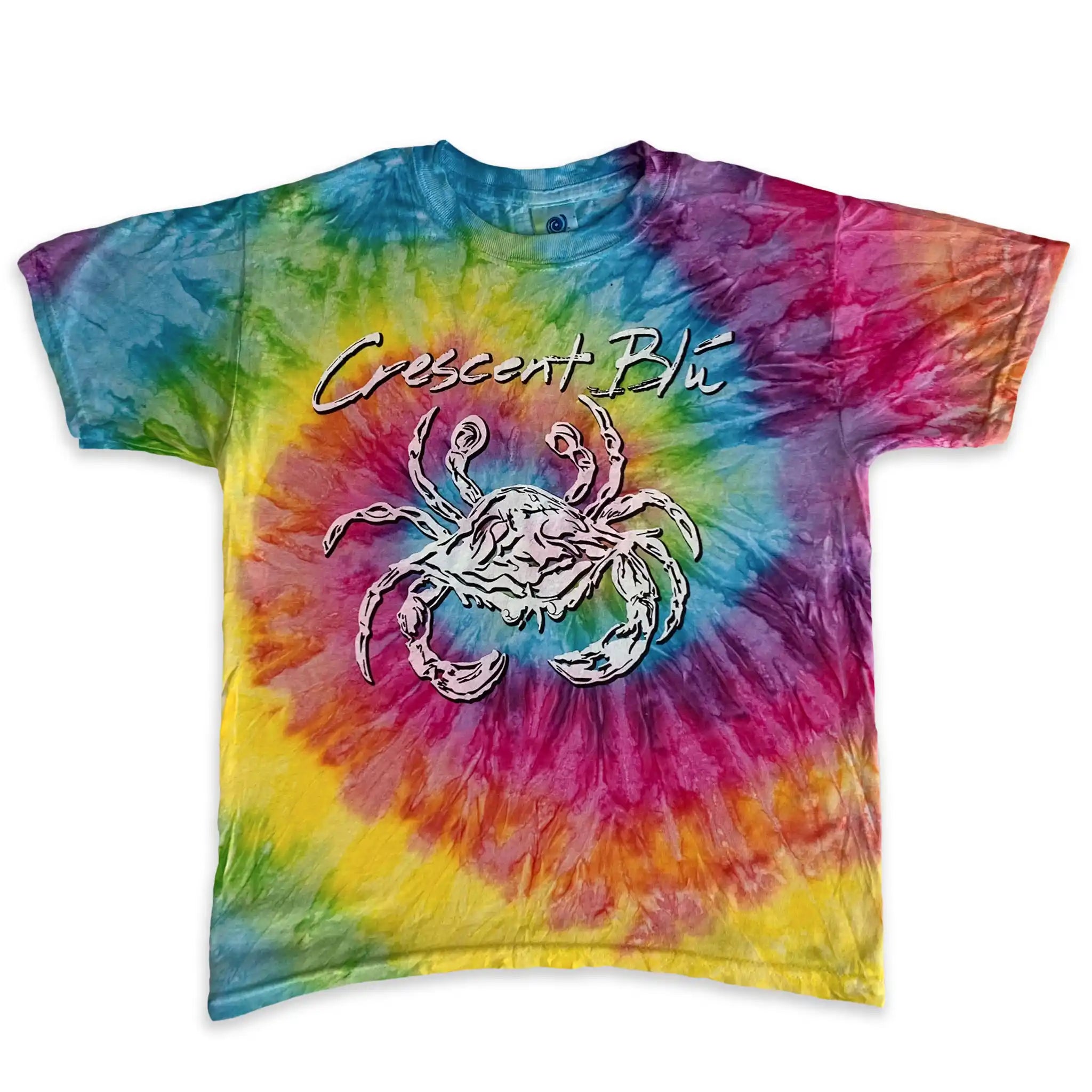 Tie-dye t-shirt with a white crab graphic and 'Crescent Blu' text on the front
