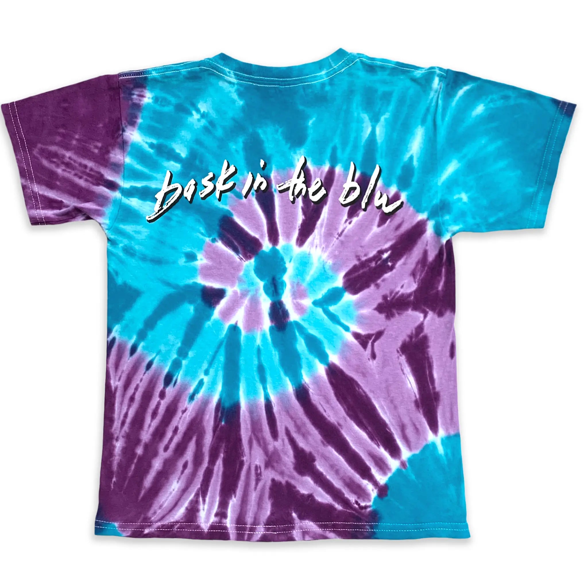 Tie-dye t-shirt with purple and blue spiral pattern and 'Bask to the Blu' text on the back.