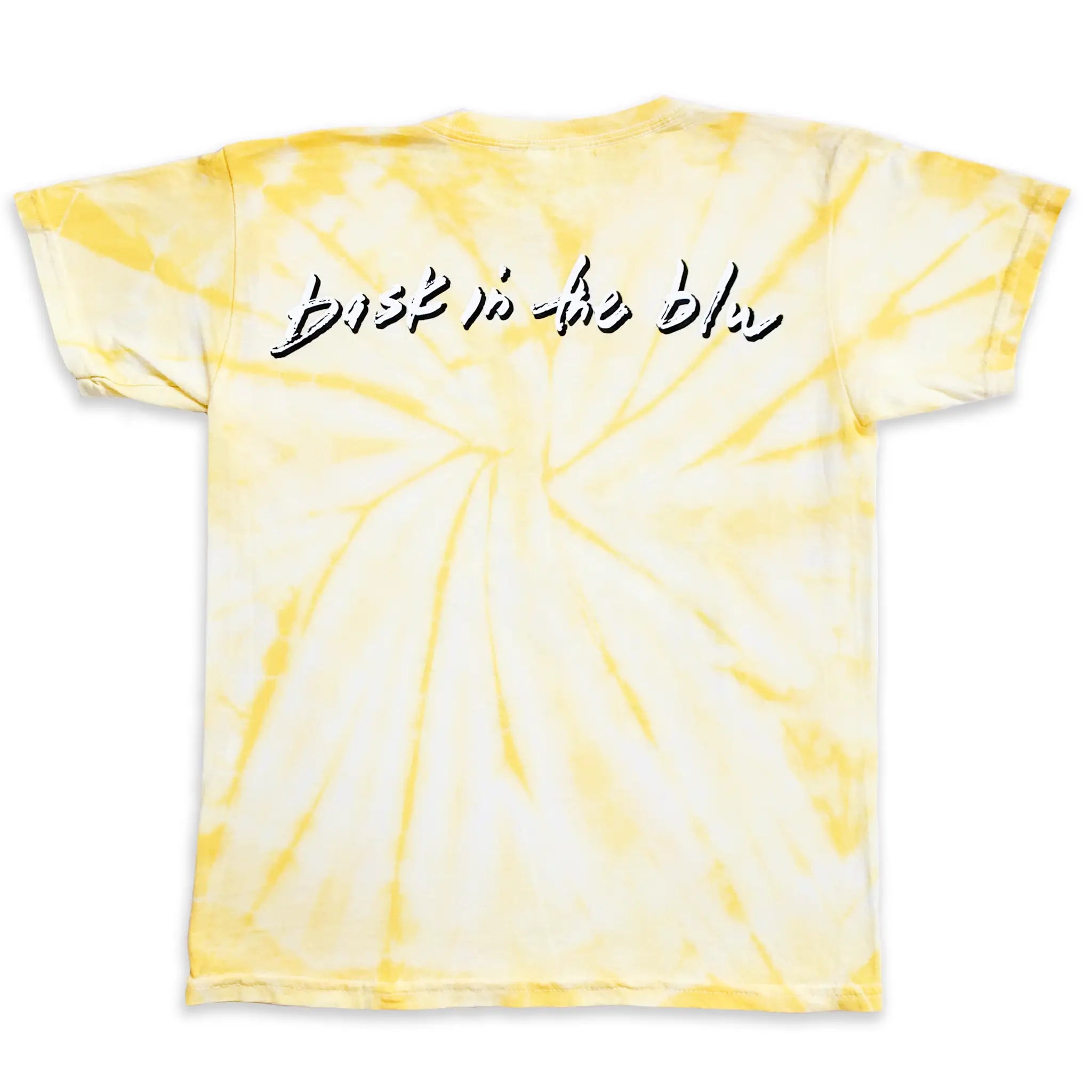 Tie-dye t-shirt with yellow and white swirl pattern and white text 