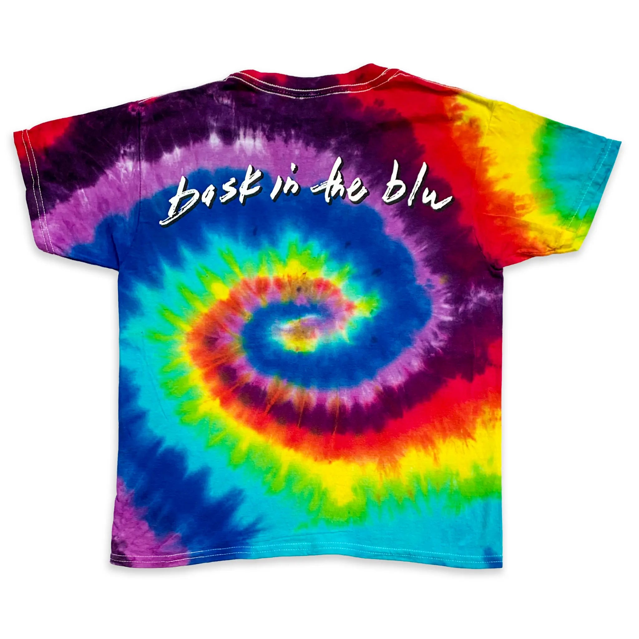 Tie-dye t-shirt for youth with a colorful spiral pattern and 'Bask in the blu' text on the back