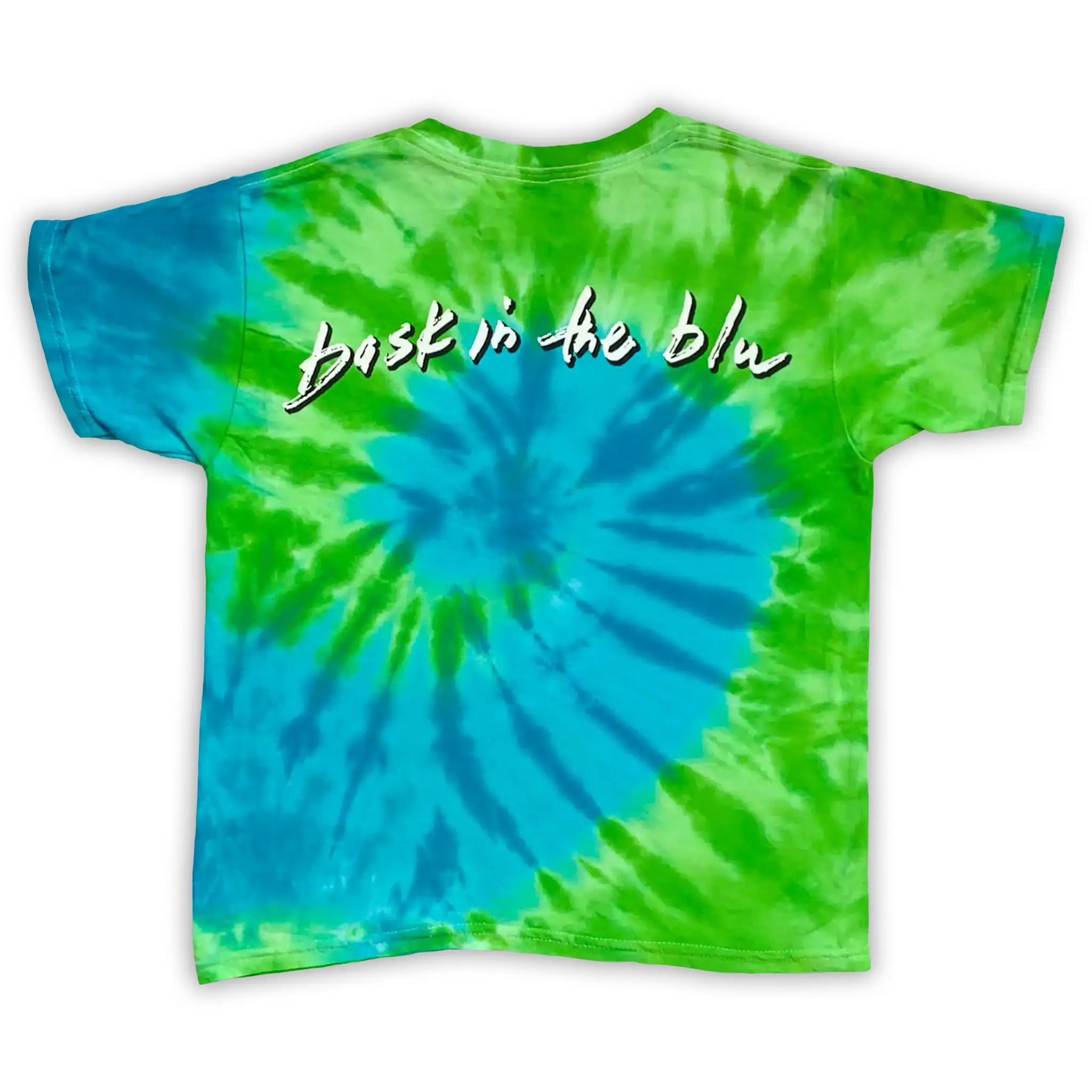 Tie-dye t-shirt with blue and green swirl pattern and 'Bask in the Blu' text on the back
