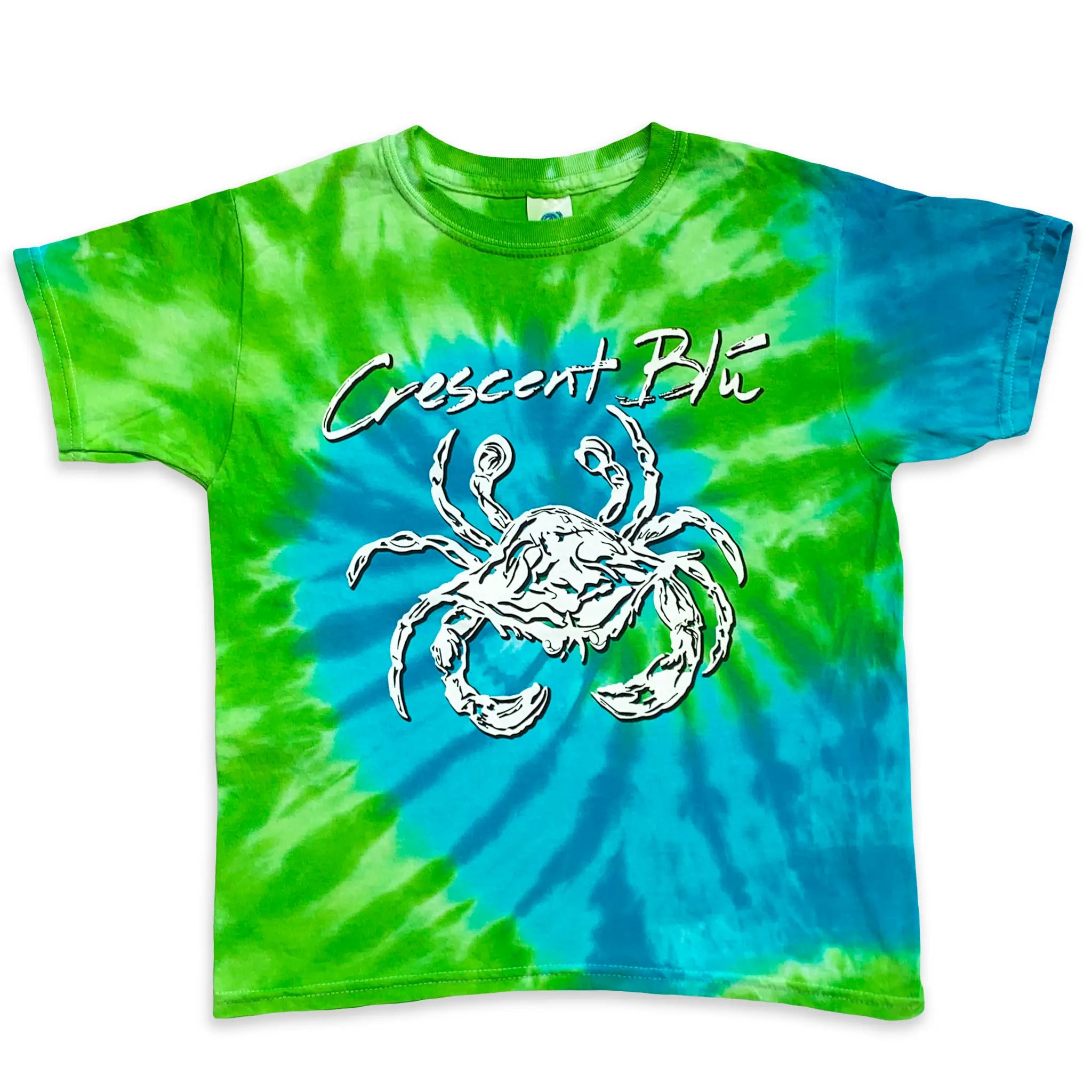 Green and blue spiral tie-dye t-shirt with a crab graphic and 'Crescent Blu' on the front