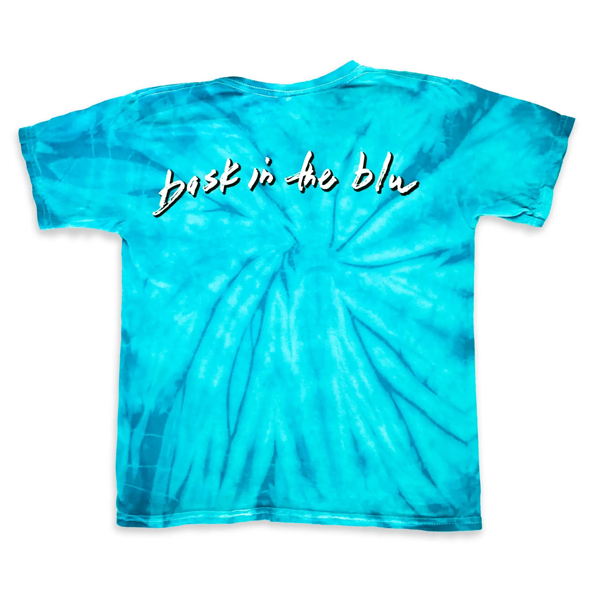 Turquoise spider-style tie-dye t-shirt with 'Bask in the blu' text on the back.