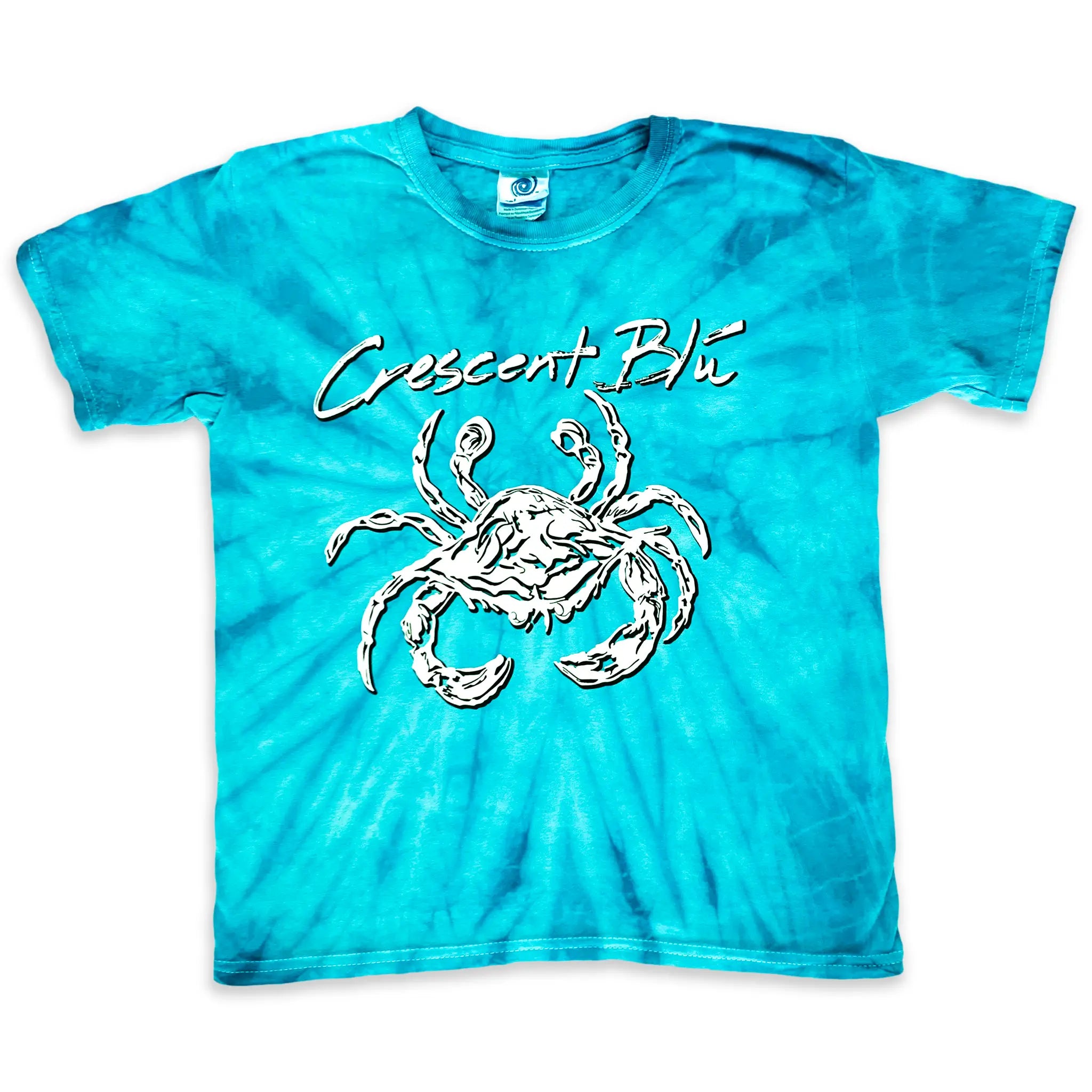Turquoise blue spider tie-dye t-shirt with a white crab graphic and 'Crescent Blu' text on the front