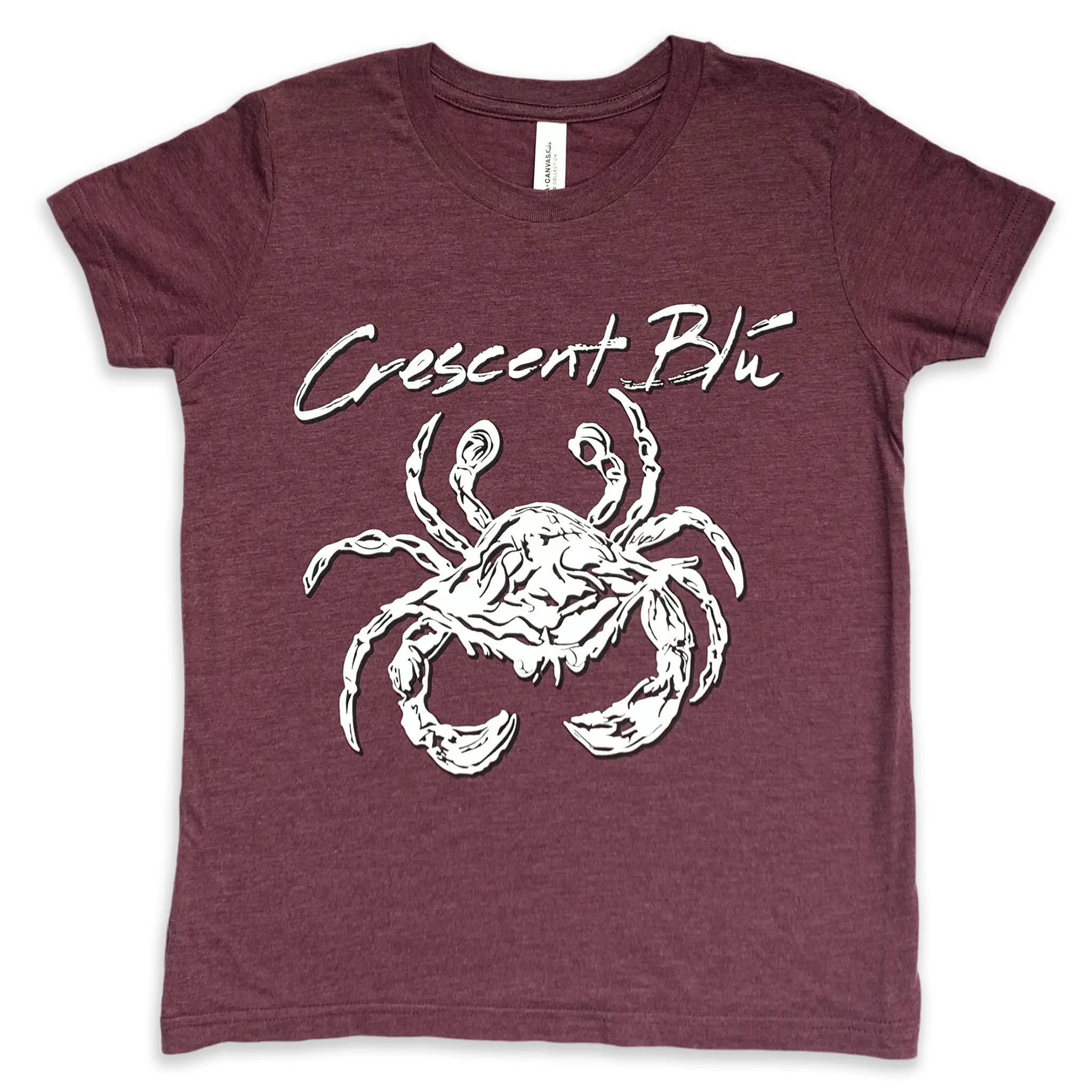 Maroon t-shirt with a white crab graphic and 'Crescent Blu' written on the front