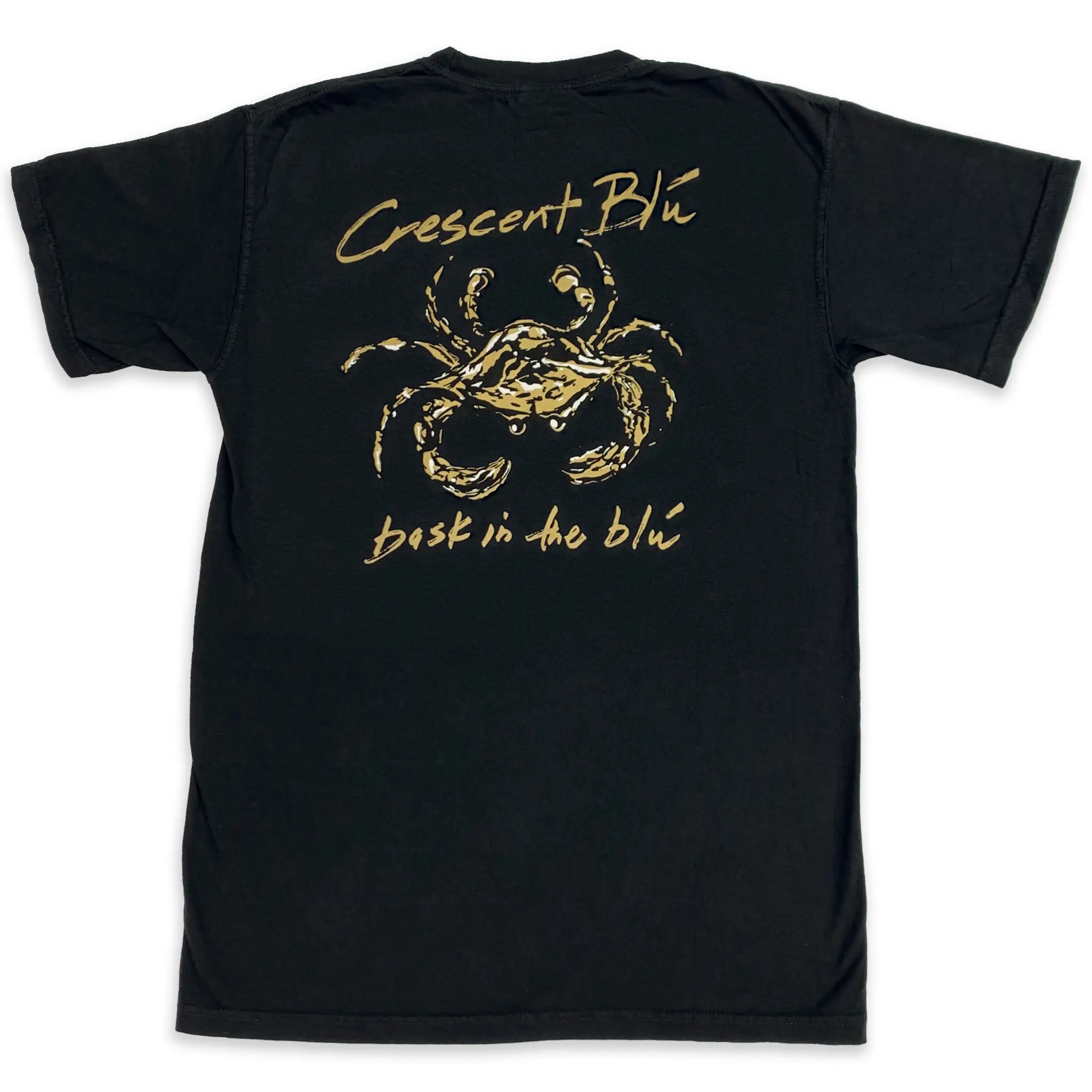 Black t-shirt with gold black and gold saint colored crab on the back. 