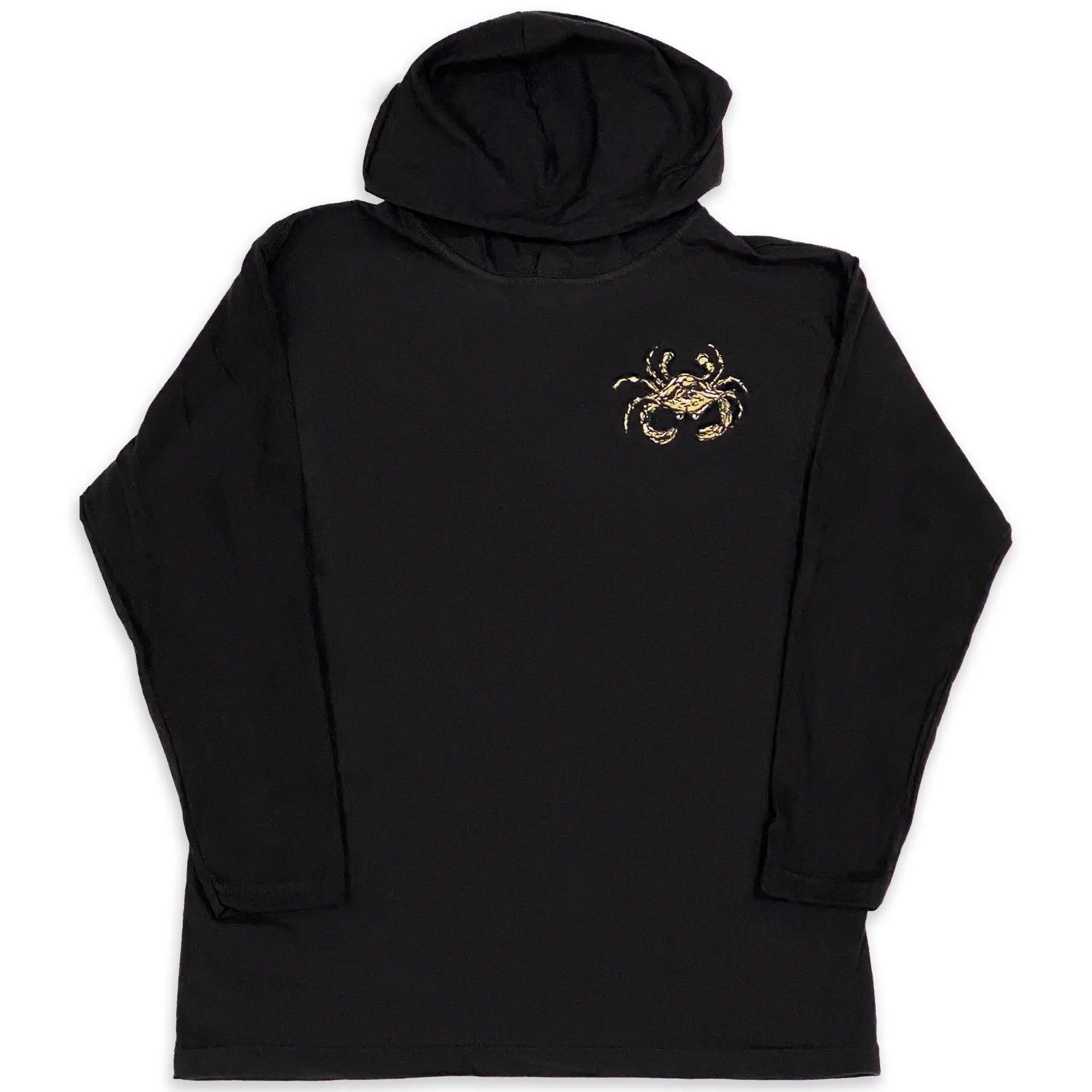 A long sleeve black hooded t-shirt with a gold, white, and black crab on the left chest.