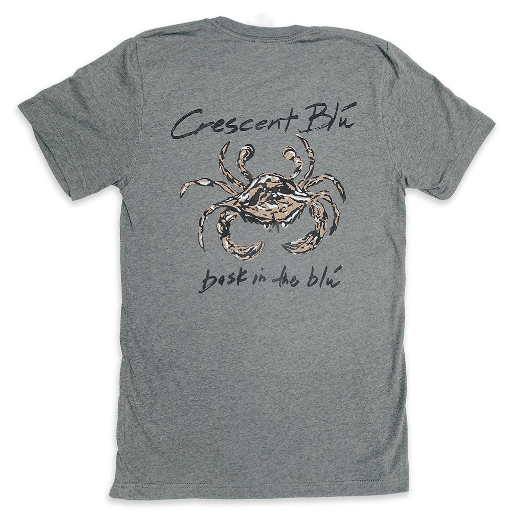 Heather gray t-shirt with a black and gold crab graphic and 'Crescent Blu' texton the back
