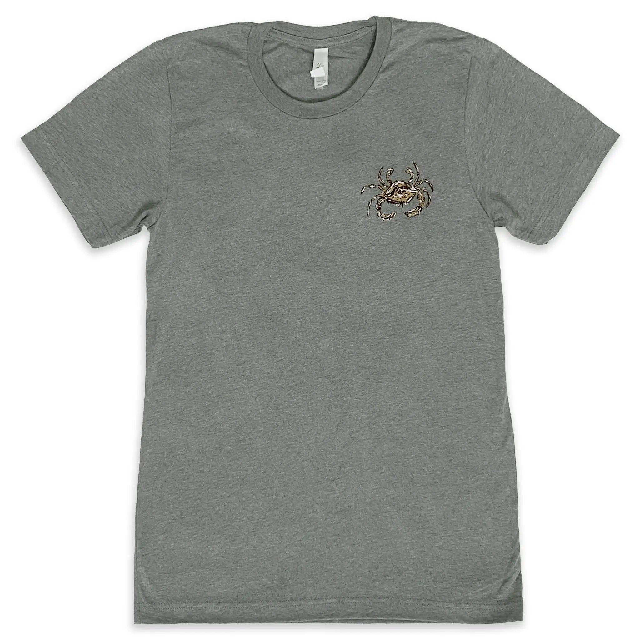The front of a short sleeve heather gray t-shirt with a black and gold crab graphic on the left chest
