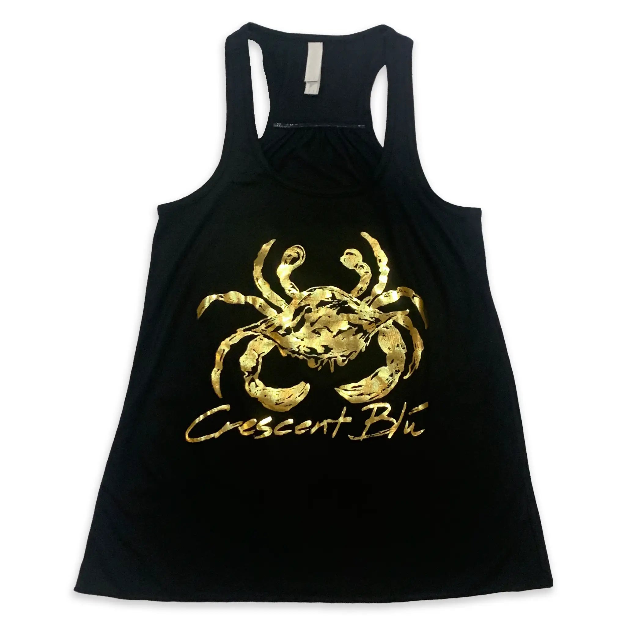 Front view of Crescent Blú Black & Gold Metallic Saints Crab women's flowy racerback tank top in black