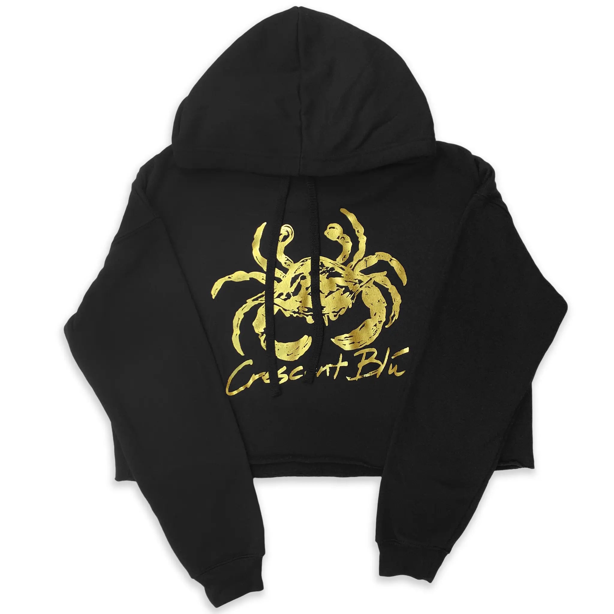 Front view of Crescent Blú Black & Gold Metallic Saints Crab cropped sweatshirt hoodie