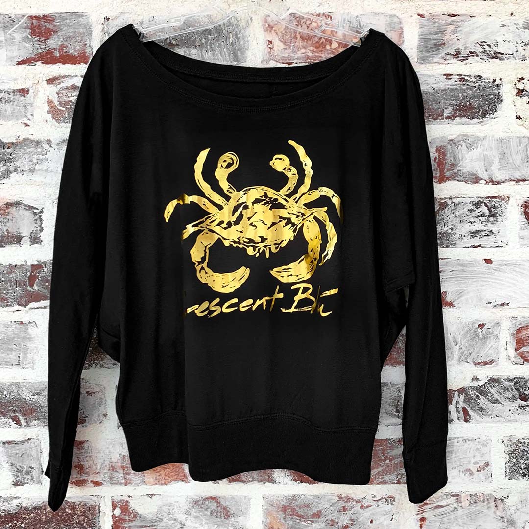 Front view of Crescent Blú Black & Gold Metallic Saints Crab long sleeve dolman top