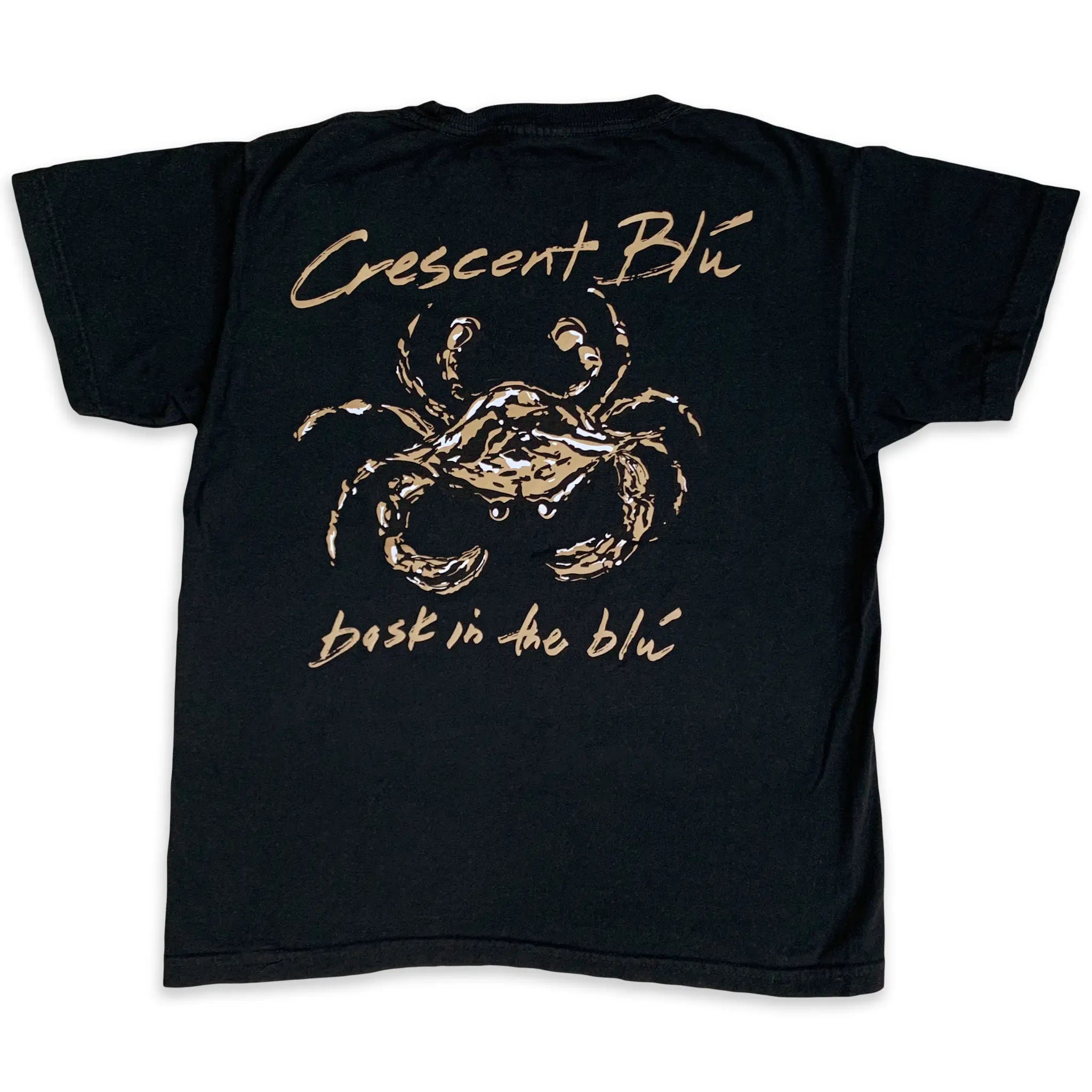 Back view of youth Crescent Blú Black & Gold Saints Crab short sleeve t-shirt in black