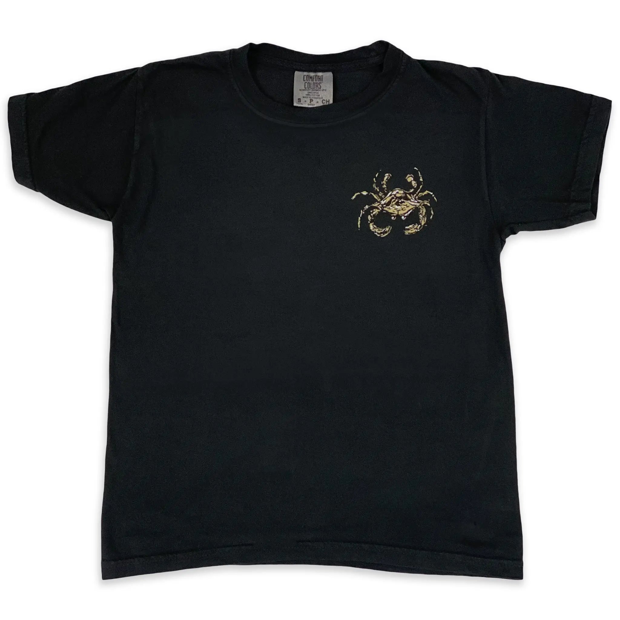 Front view of youth Crescent Blú Black & Gold Saints Crab short sleeve t-shirt in black