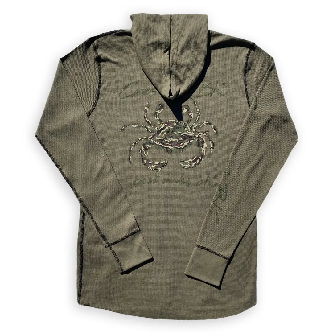 The back of a military green adult thermal waffle hoodie with a large camo crab graphic and contrast stitching