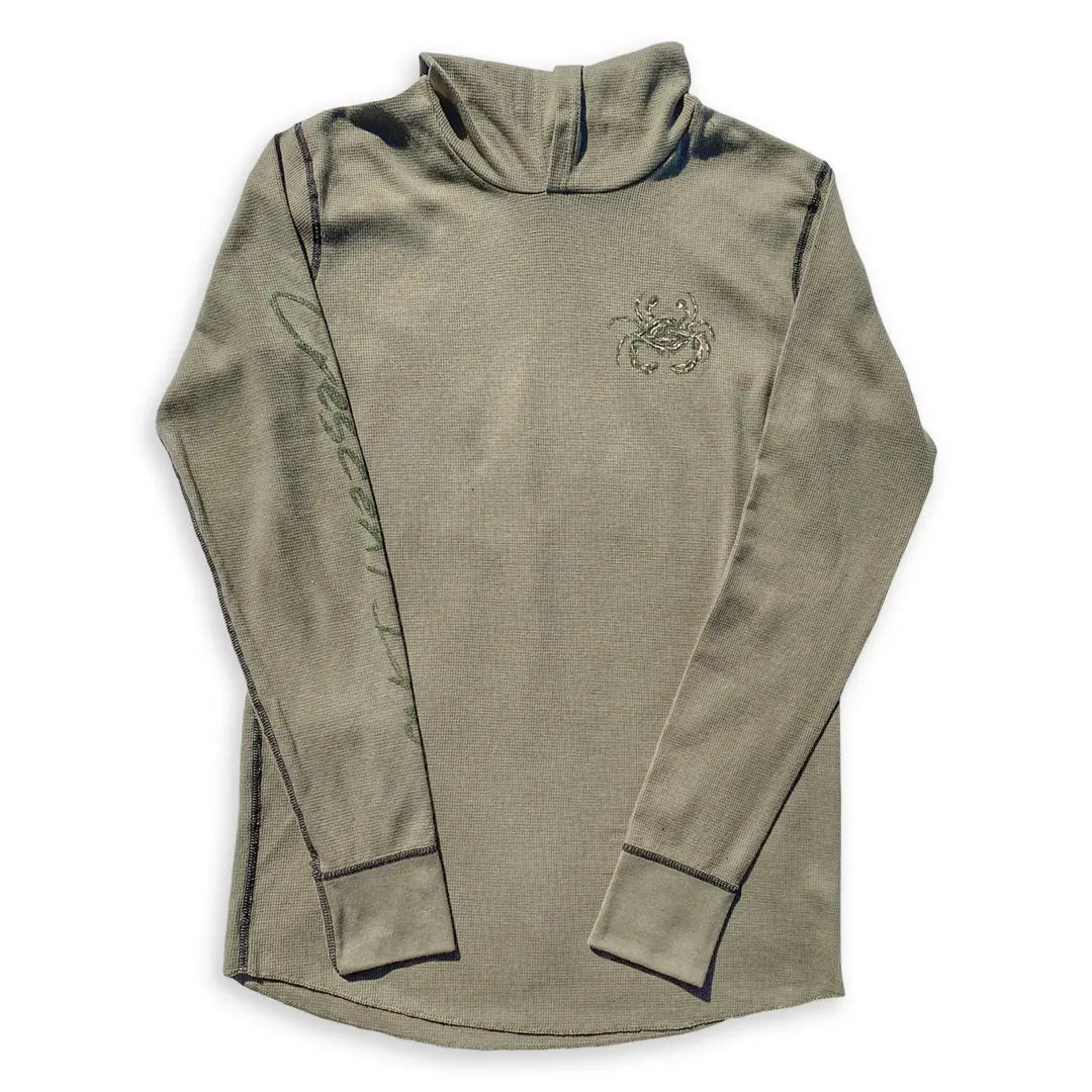 Adult hoodie in military green with contrast stitching and a camouflage crab artwork on the front and Crescent Blu written on the sleeve