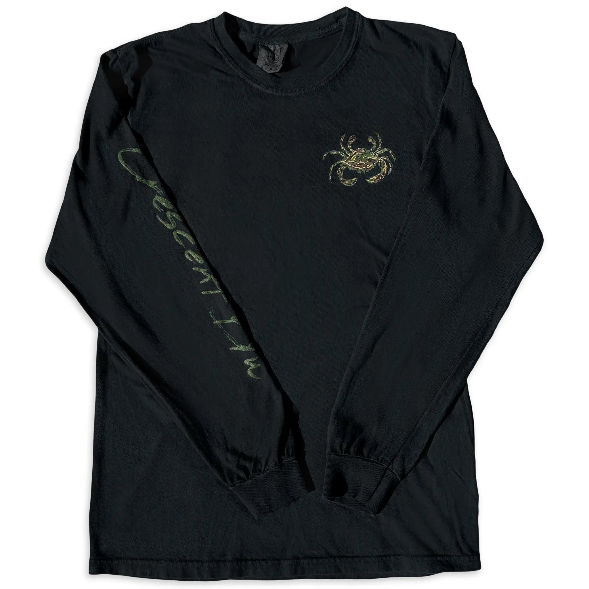 A black adult long-sleeve t-shirt featuring crescent blú’s camo crab on the front and Crescent Blu written on the right sleeve