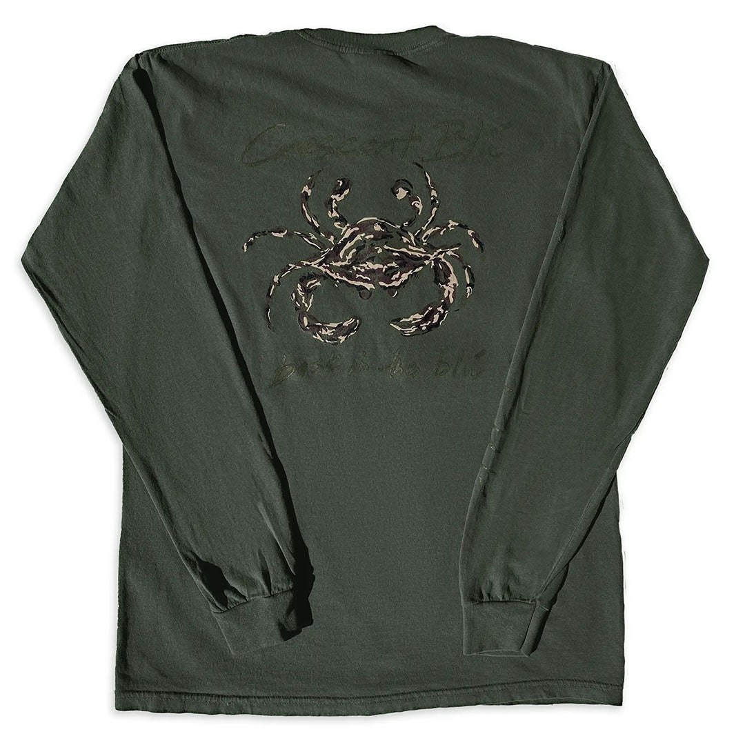 The back of a hemp adult long-sleeve t-shirt with a large camo crab graphic.