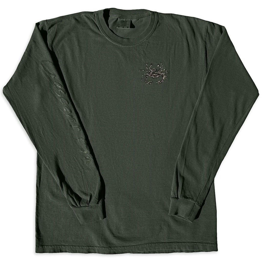 A camouflage blue crab on the front of a long sleeve help green t-shirt with Crescent Blu n the right sleeve