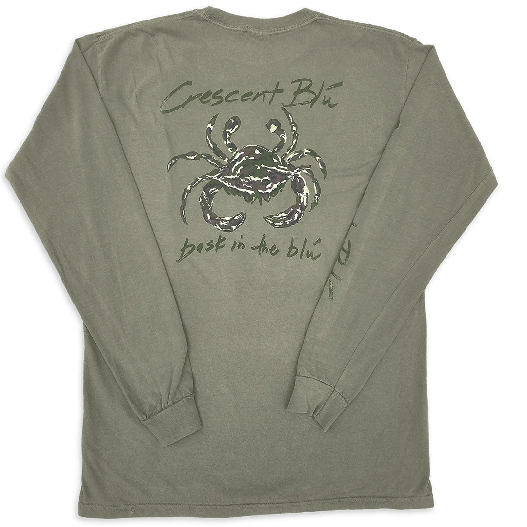 The back of a khaki adult long-sleeve t-shirt with a large Crescent Blu Camo Crab in the center