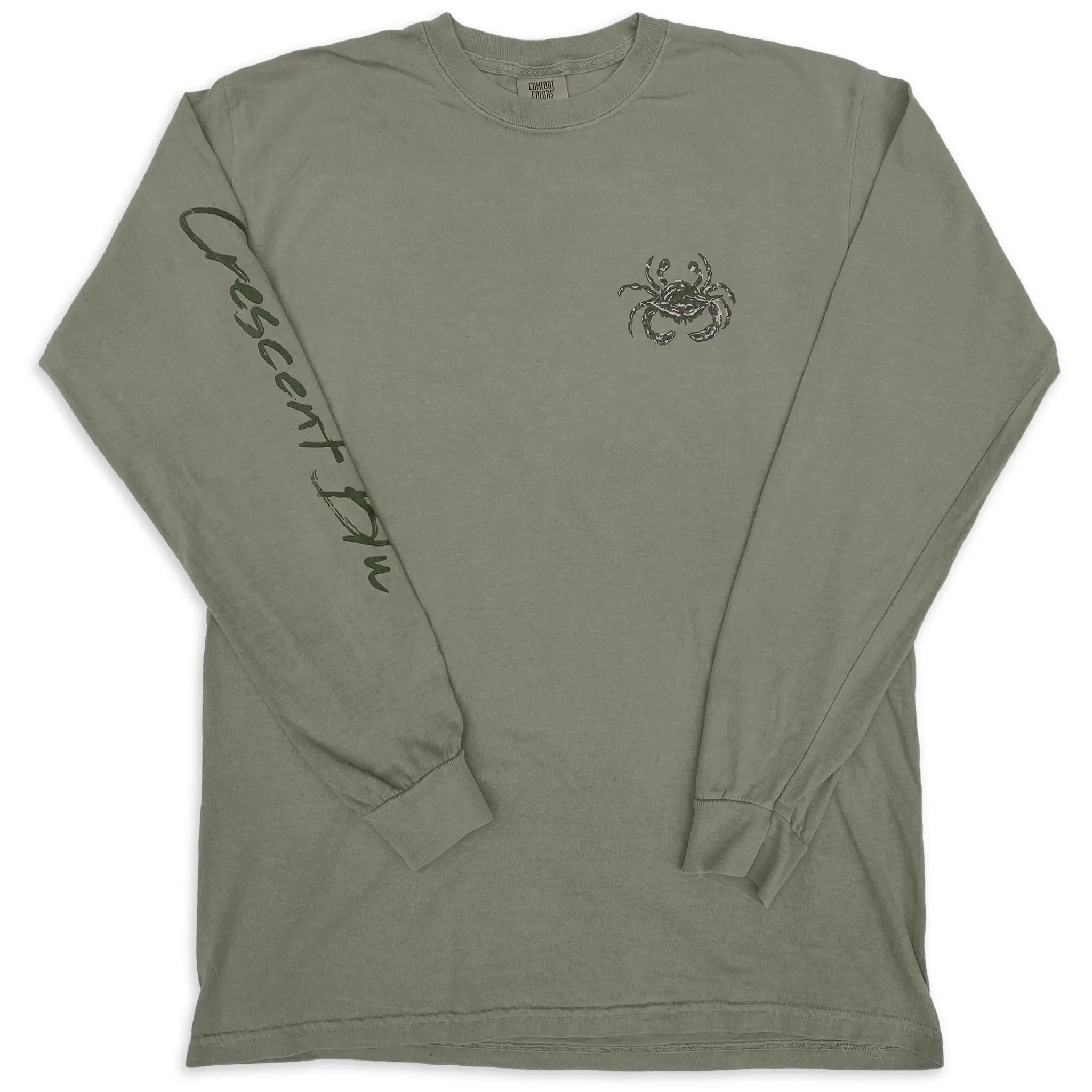 A khaki adult long-sleeve t-shirt featuring crescent blu's camo crab on the front and Crescent Blu on the right sleeve