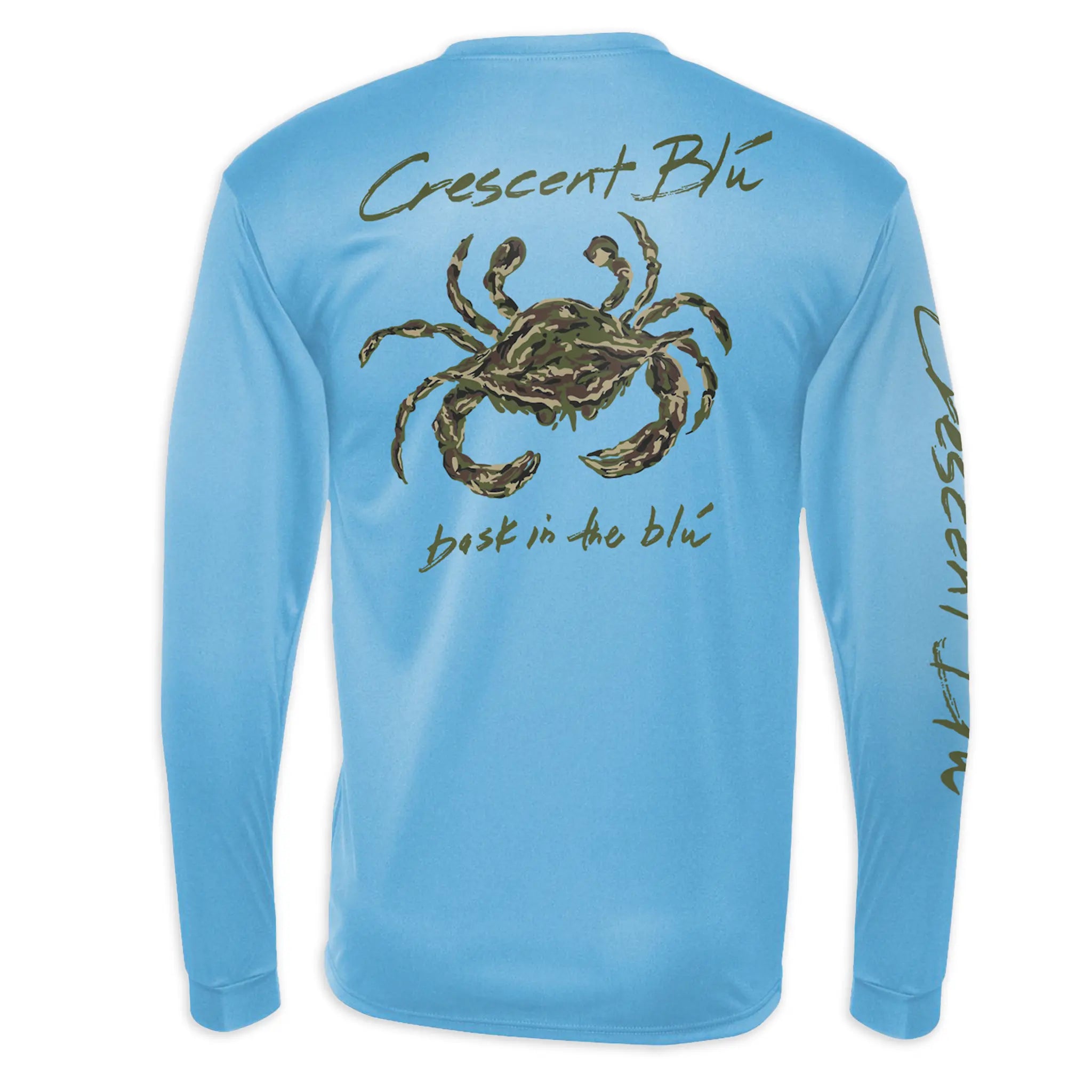 Back view of the columbia blue adult long-sleeve t-shirt with camo crab design across the back.