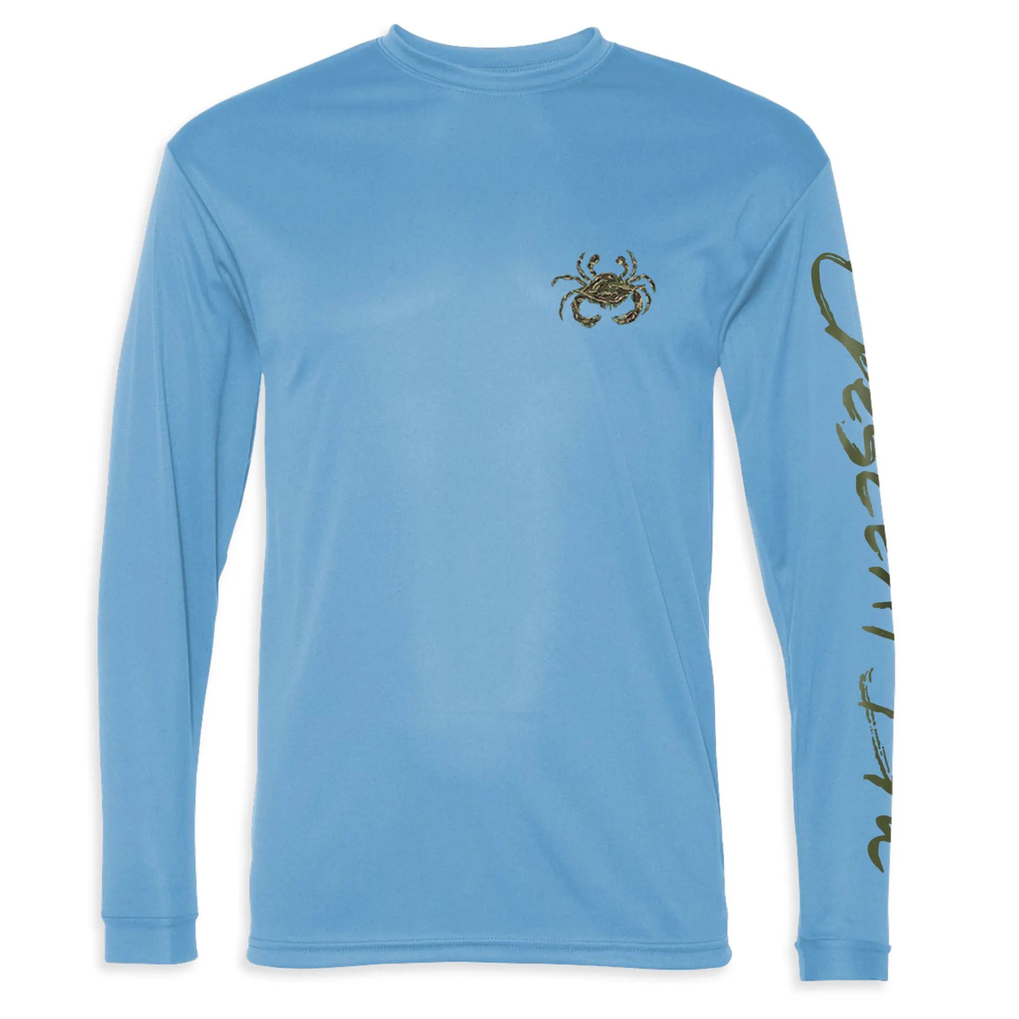 A columbia blue adult long-sleeve t-shirt featuring crescent blu on the sleeve and a camo crab on the front