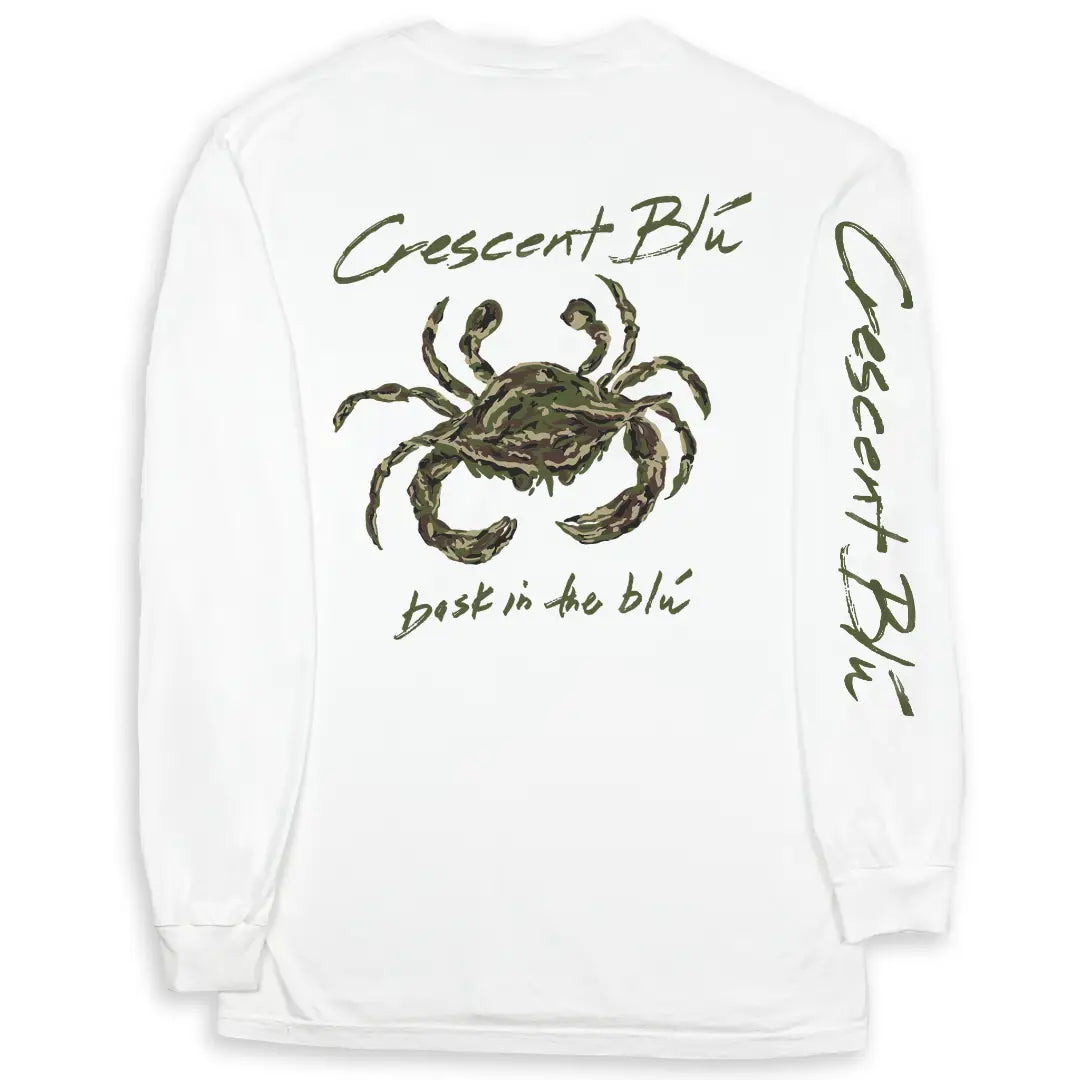 White long-sleeve shirt with a camouflage crab graphic and 'Crescent Blu' text on the sleeve