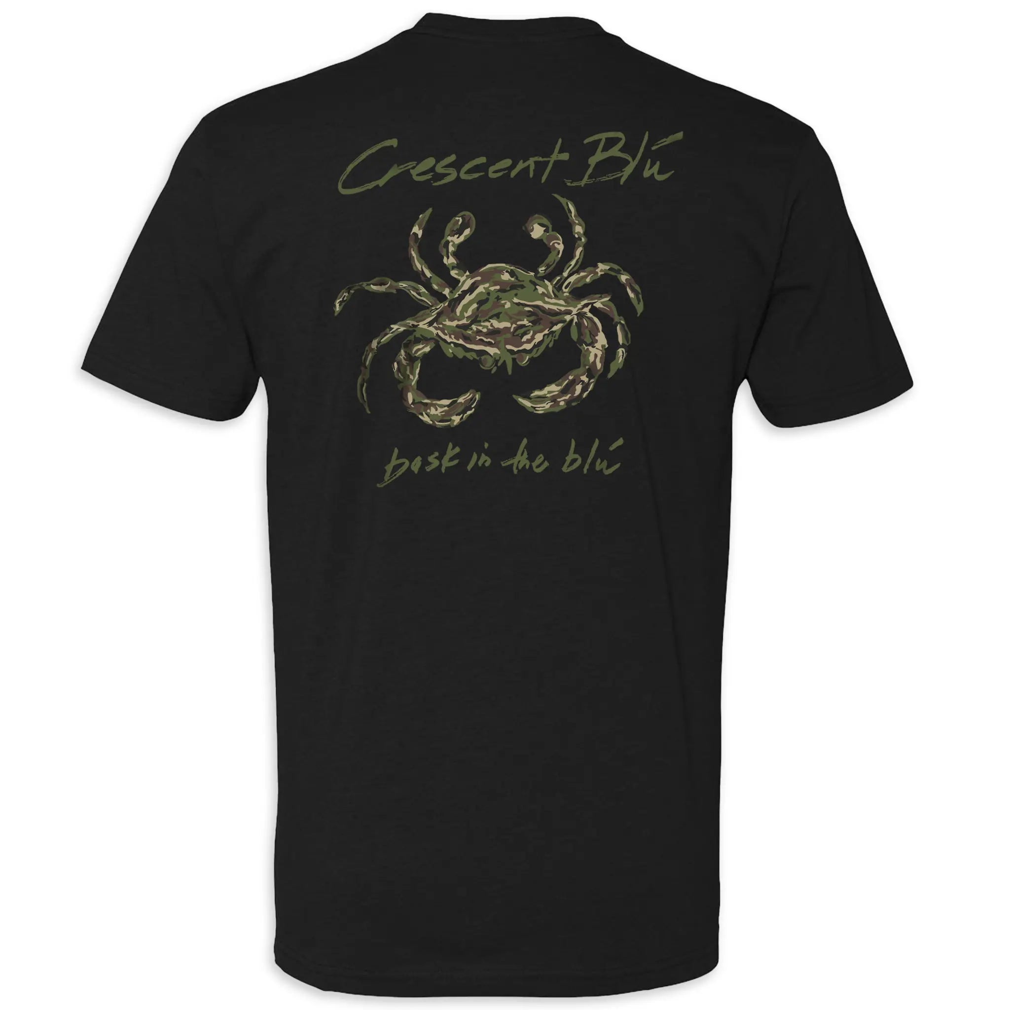 The back of a black adult short-sleeve t-shirt with a large camo crab graphic
