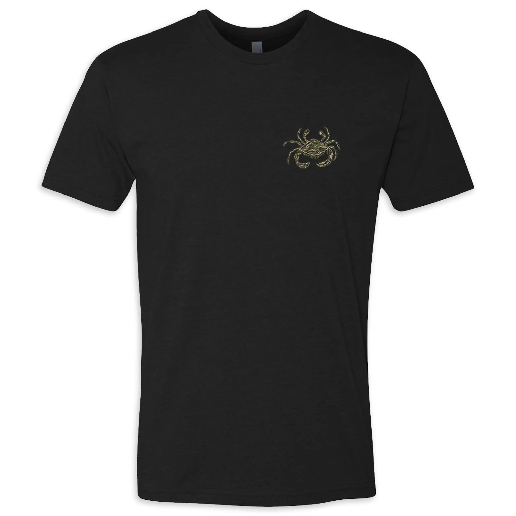 The front of a black adult short-sleeve t-shirt with a small camo crab on the chest.