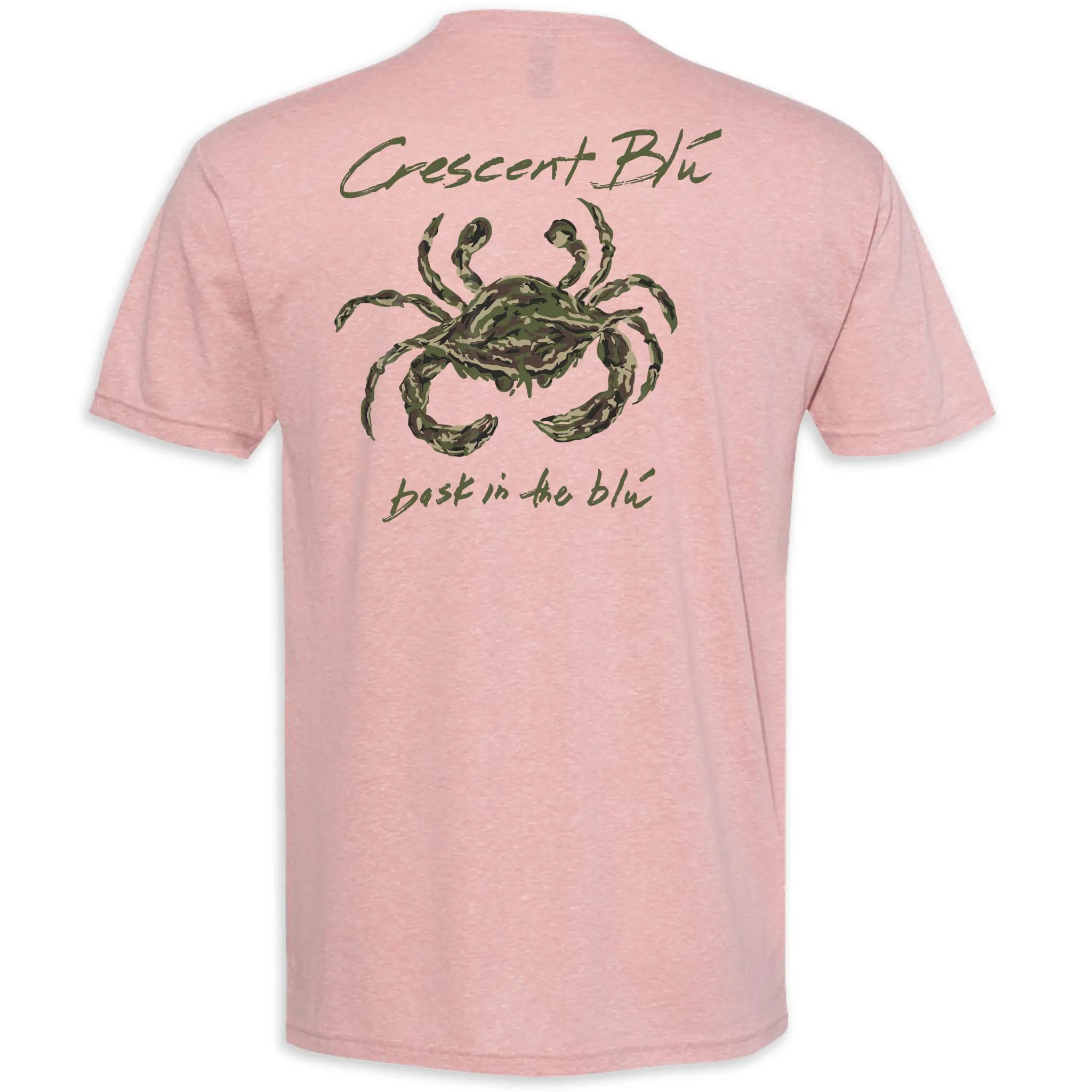 A adult short-sleeve t-shirt in desert pink with a camo crab printed on the back