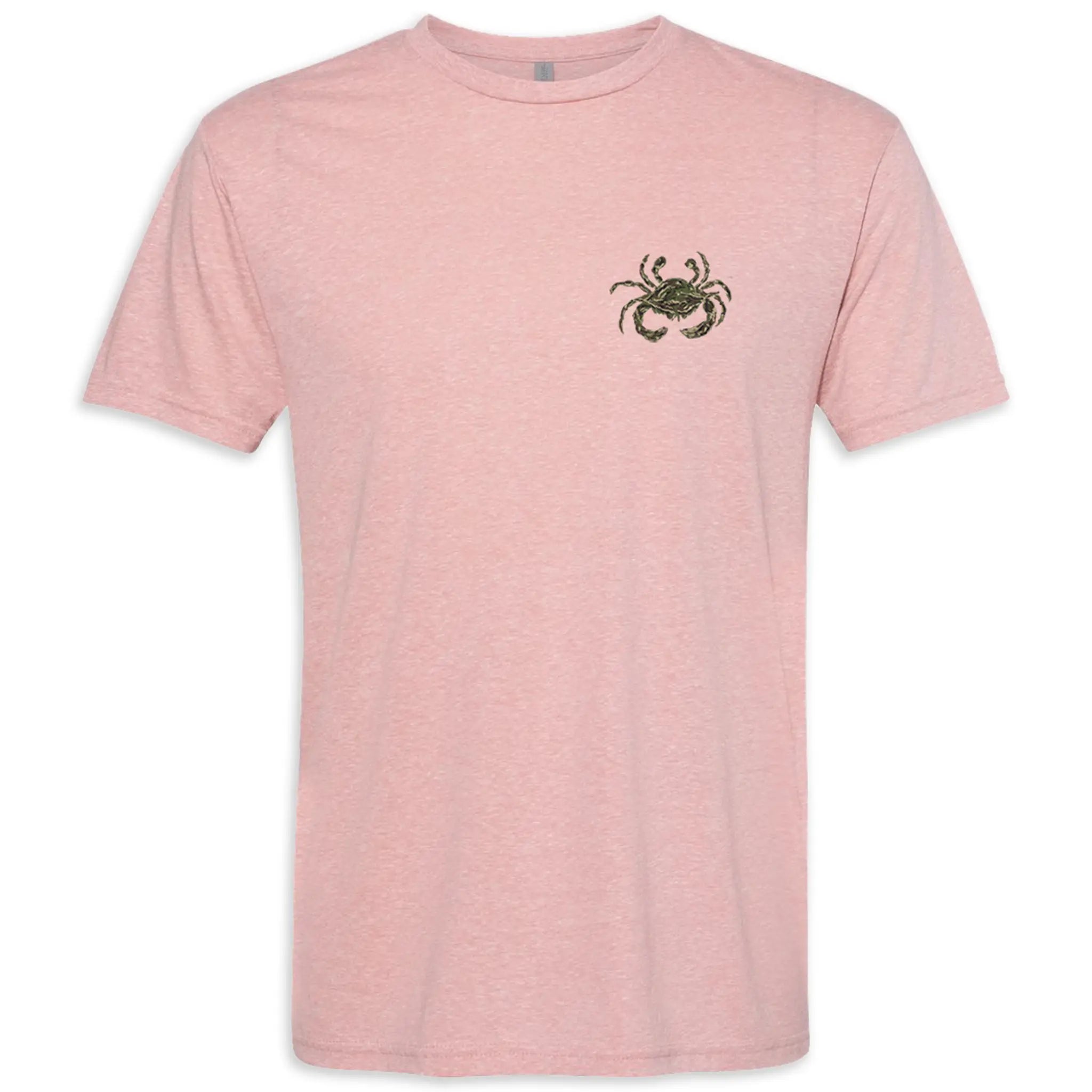 The front of a heathered pink shirt with a camouflage colors blue crab on the front