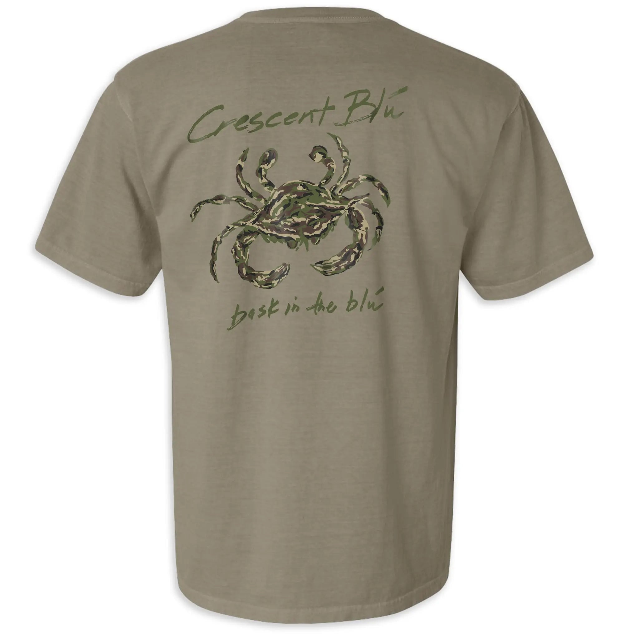 A adult short-sleeve t-shirt in khaki with a camo crab printed on the back.