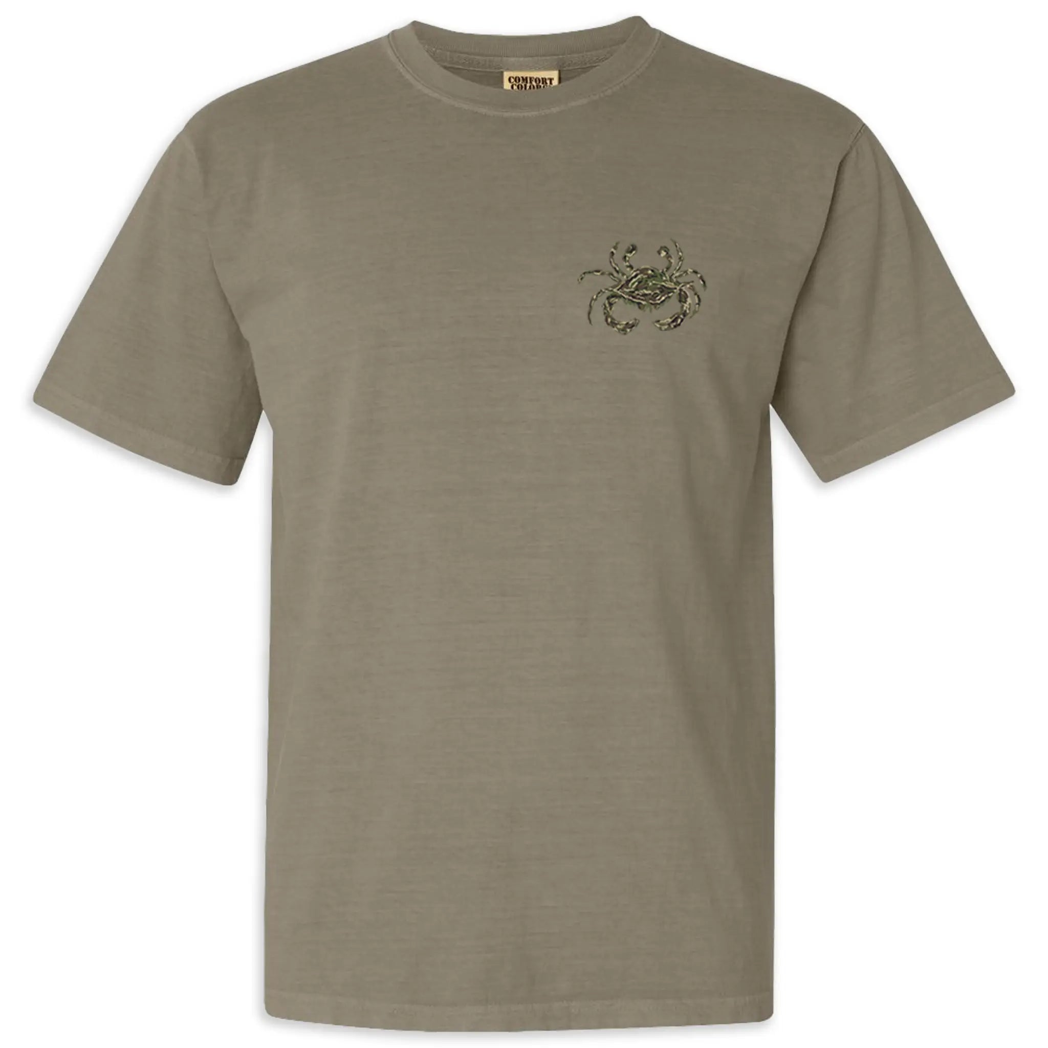 A camouflage crab graphic on the front of an adult khaki short-sleeve t-shirt