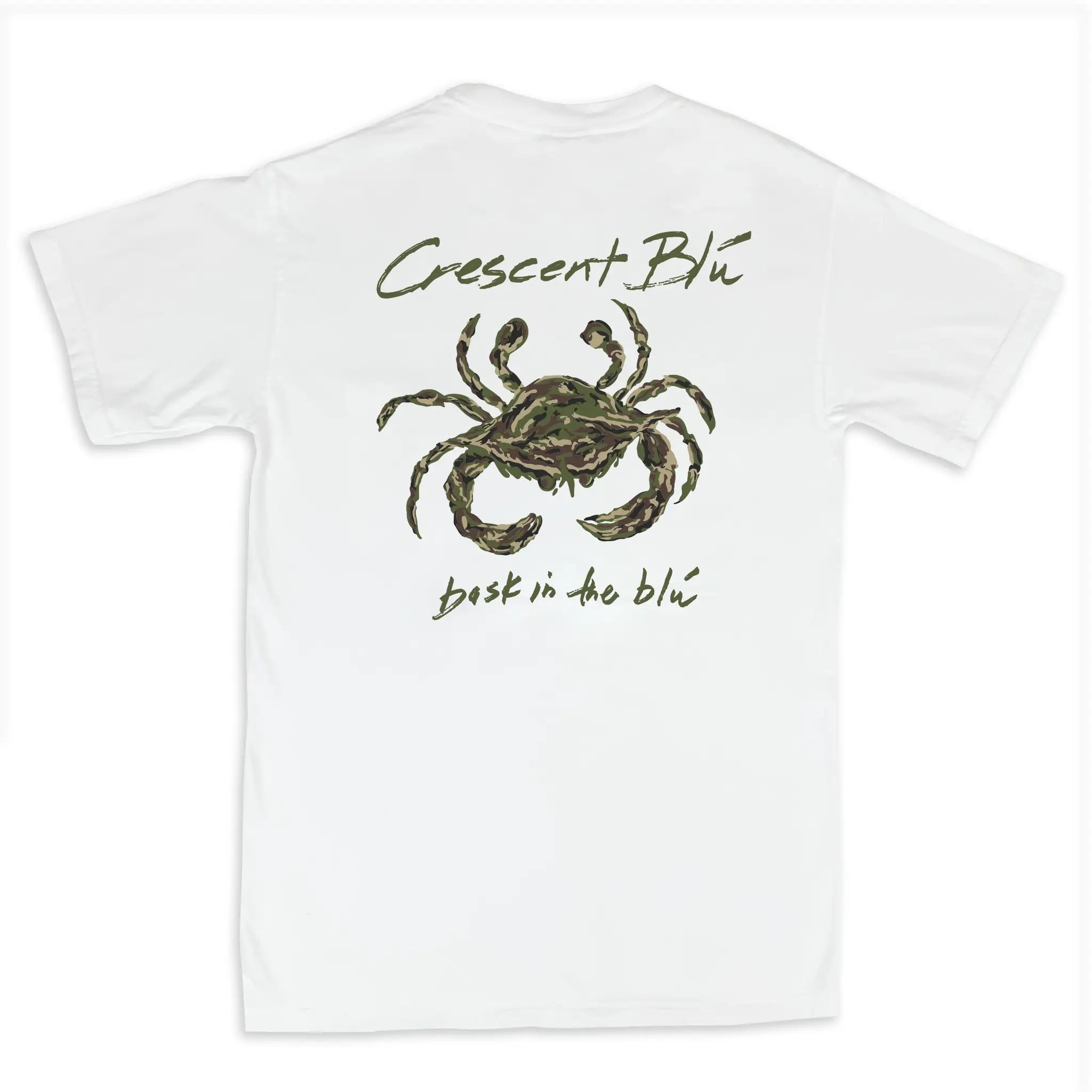 Back view of the white adult short-sleeve t-shirt with camo crab design across the back.