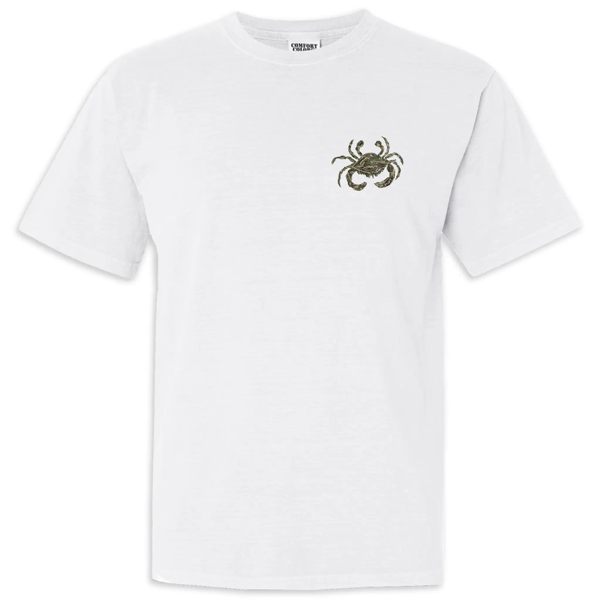 A front view of the white adult short-sleeve t-shirt with camo crab design on the chest.